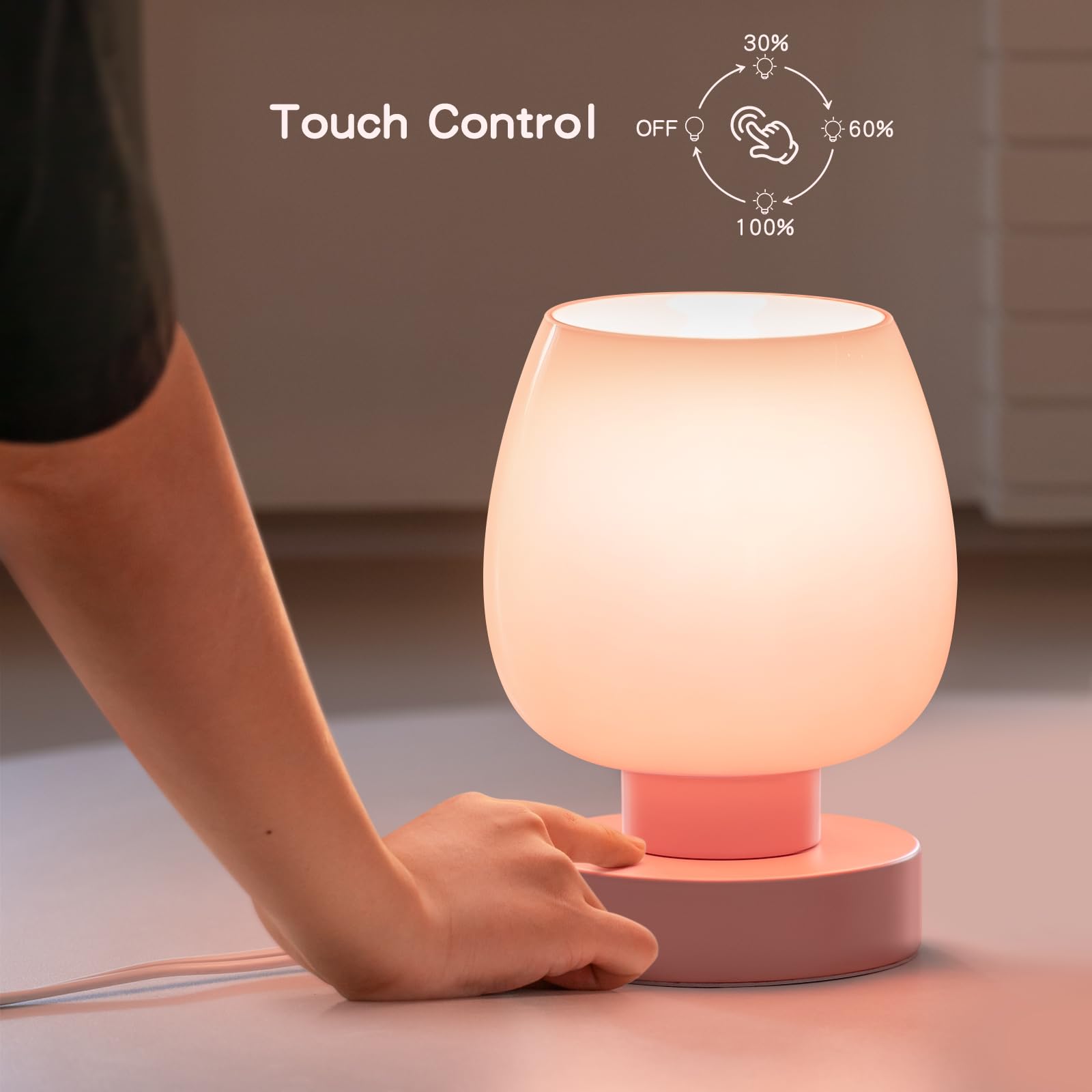 ONEWISH Touch Bedside Table Lamps Set of 2, Dimmable, Glass, Non-USB, Modern Design, Pink, Model 13TAB018USC