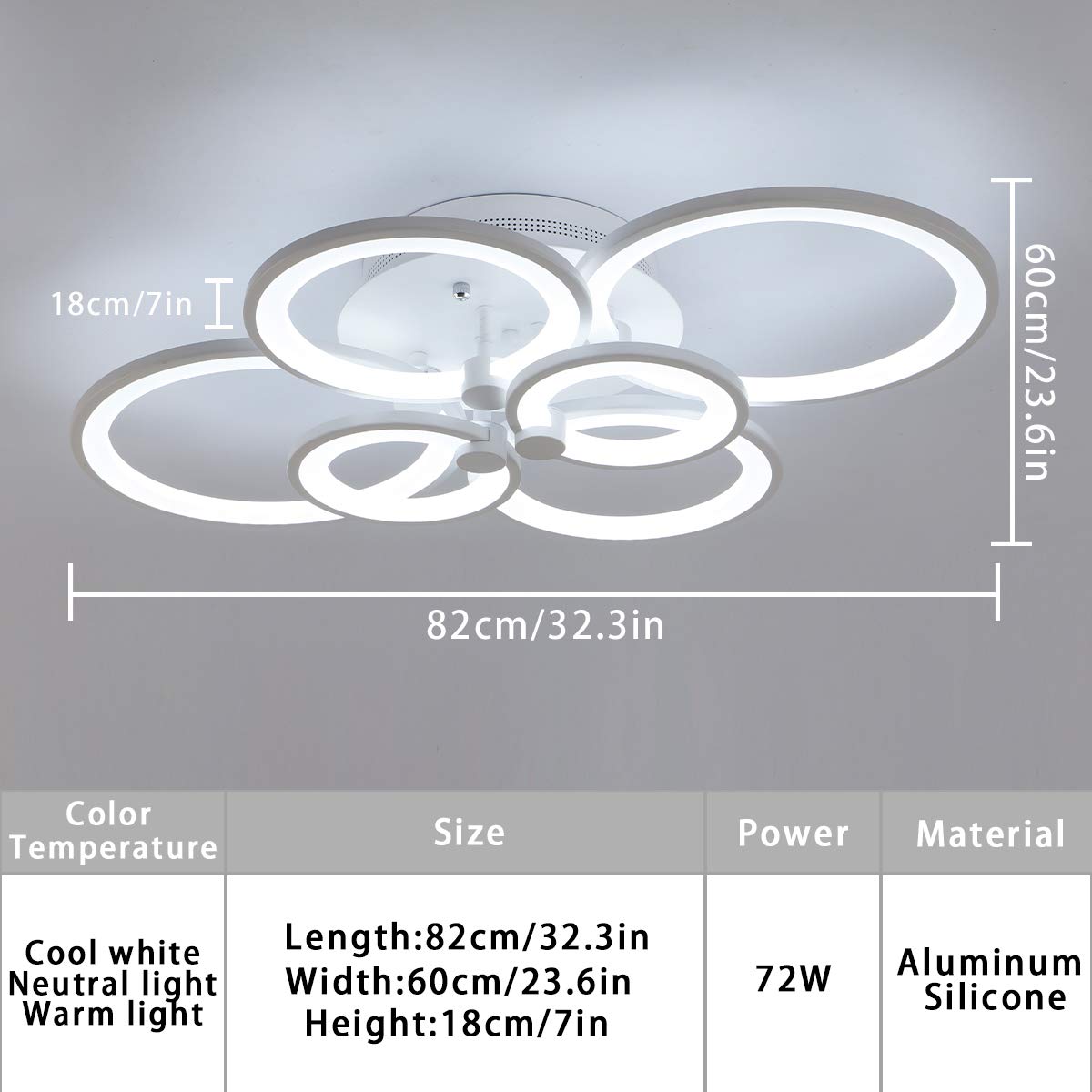 Jaycomey Led Flush Mount Ceiling Light Fixture, 72W Metal Acrylic Dimmable Ring Modern Ceiling Light With Remote, 6 Rings White
