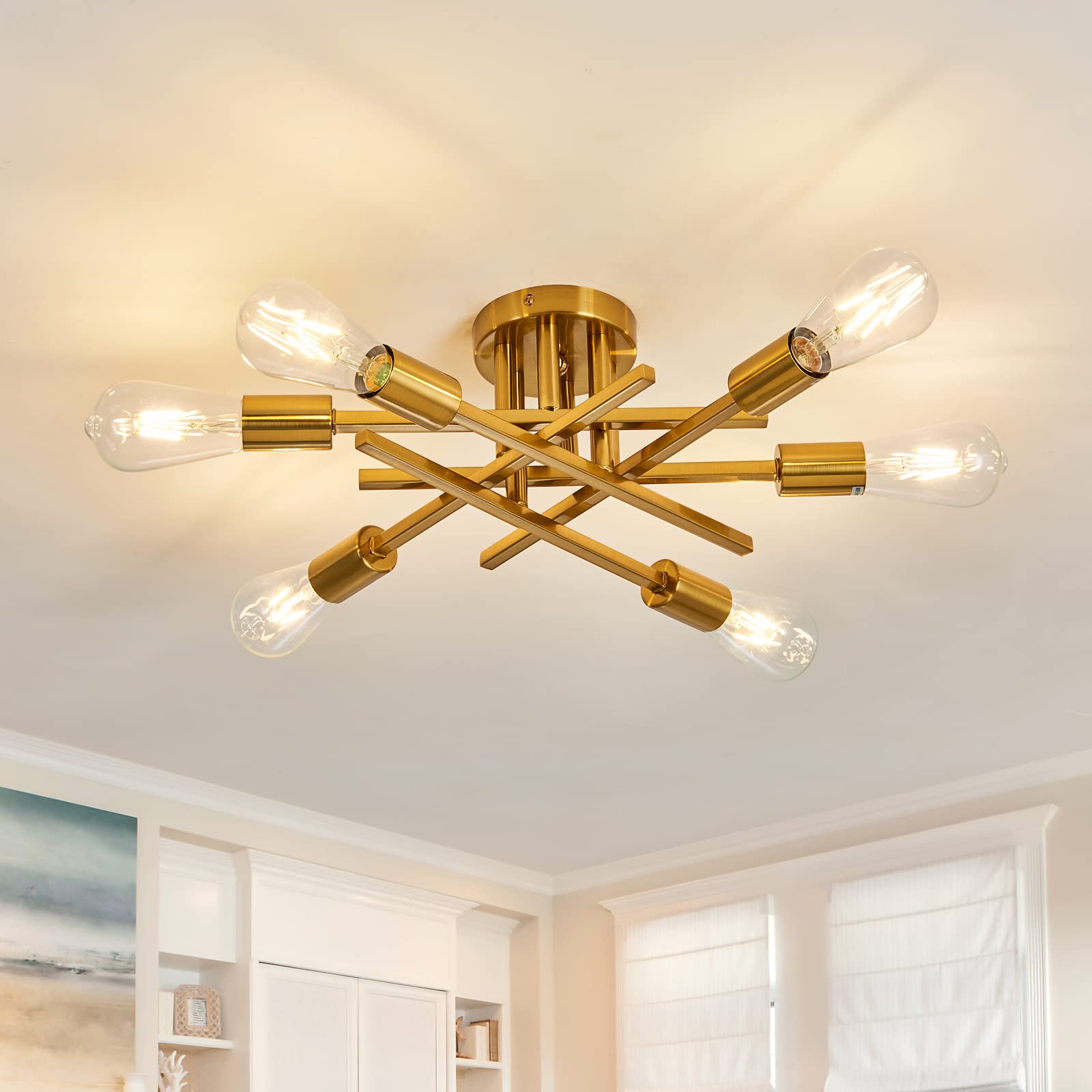 ASGYISA 6-Lights Semi Flush Mount Ceiling Light Fixture Gold Modern Matte Sputnik Chandelier Vintage Ceiling Lamp Farmhouse for 
