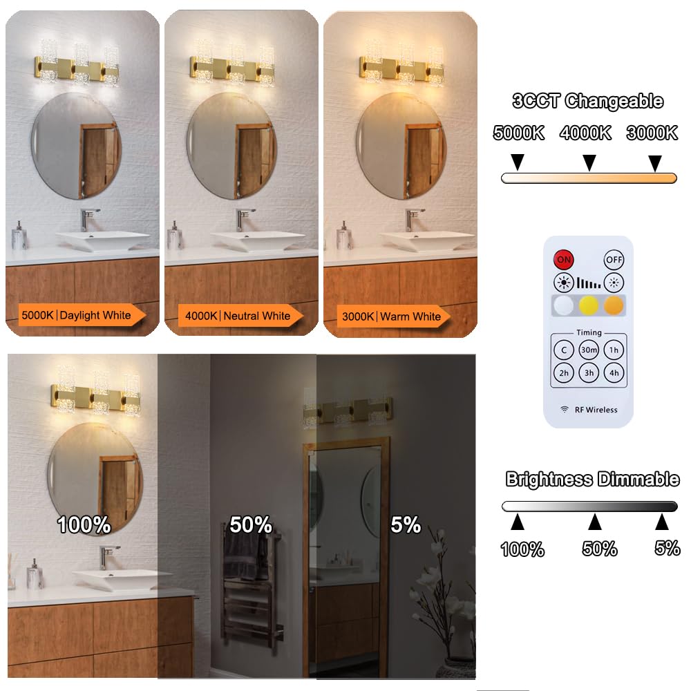Ditoon Modern Bathroom Vanity Light, 6-Lights, Dimmable Acrylic Shade, Hardwired, Gold, Model DX23073V6-BS-M, Size H9.25in L