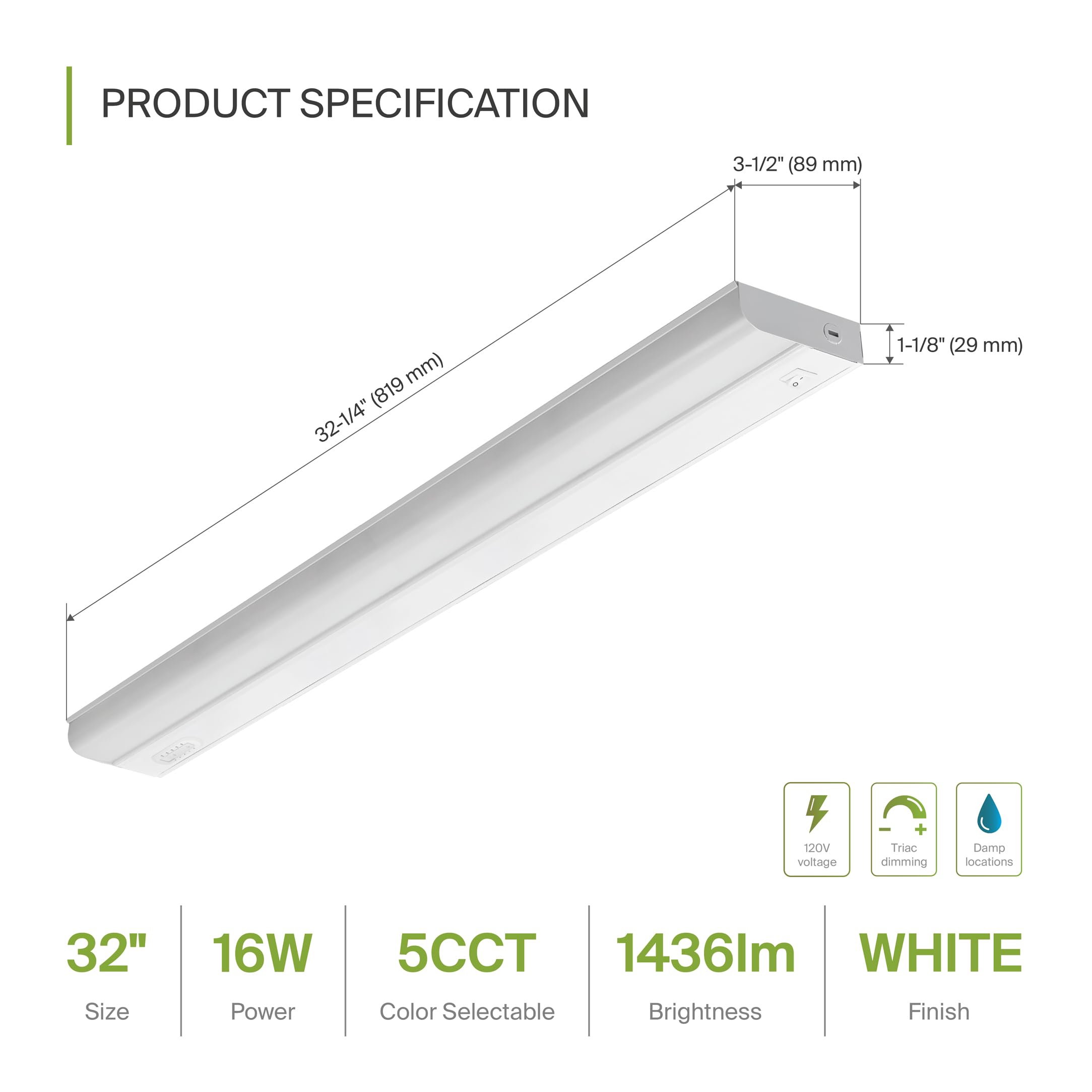 Asd 32 Inch Led Under Cabinet Lighting Hardwired, On/Off & Color Temp Switch, 16W 1436Lm, 5 Cct 2700K-5000K Cri90+, Dimmable Und