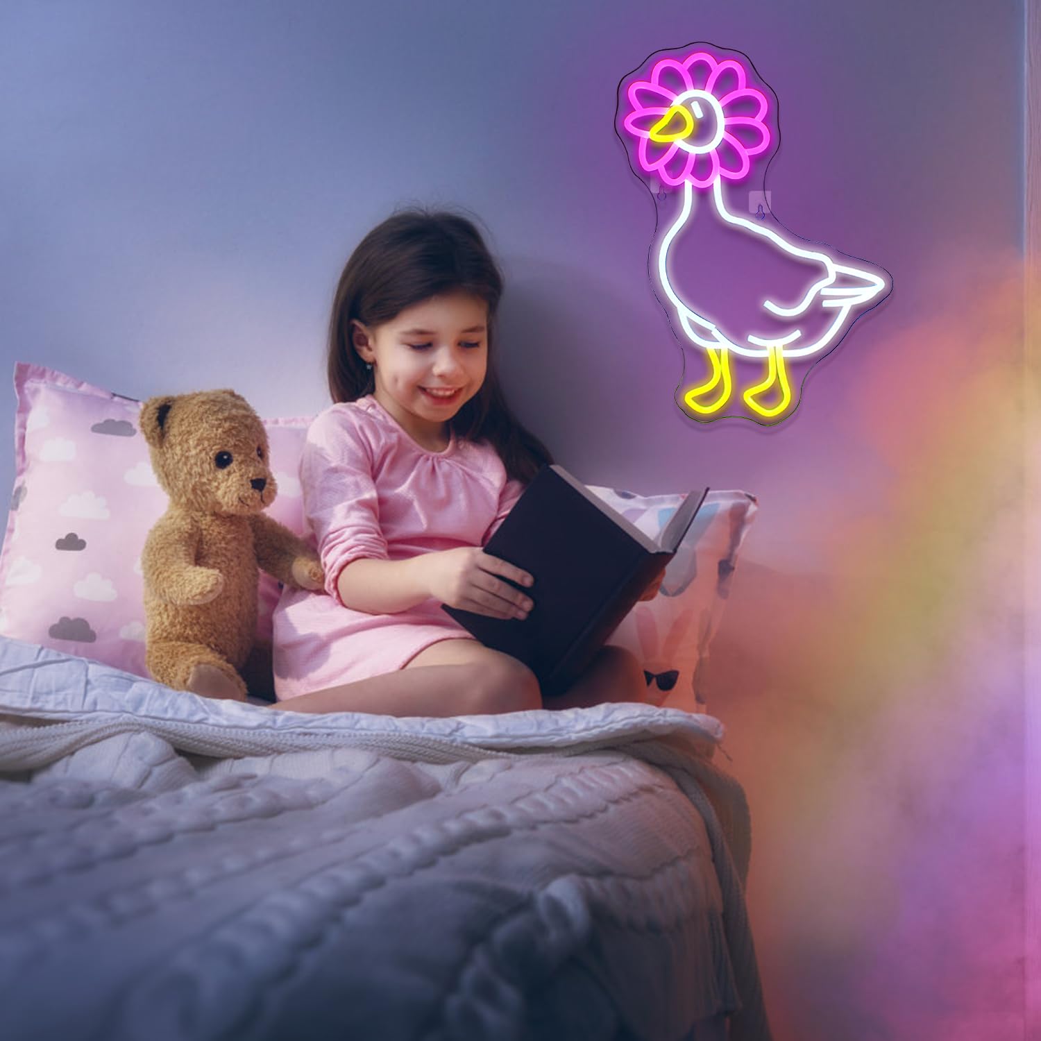 DREAMFORT Neon Sign - Pink Daisy Duck Wall Decor, Dimmable, USB Connectivity, Model DO-daisy duck