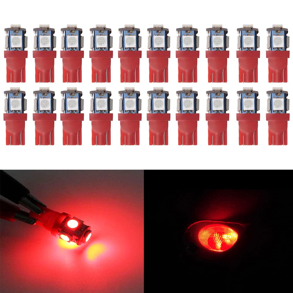 Blyilyb 20-Pack Red Replacement Stock # 194 T10 168 2825 W5W 175 158 Bulb 5050 5 Smd Led Light 12V Car Interior Lighting For Map