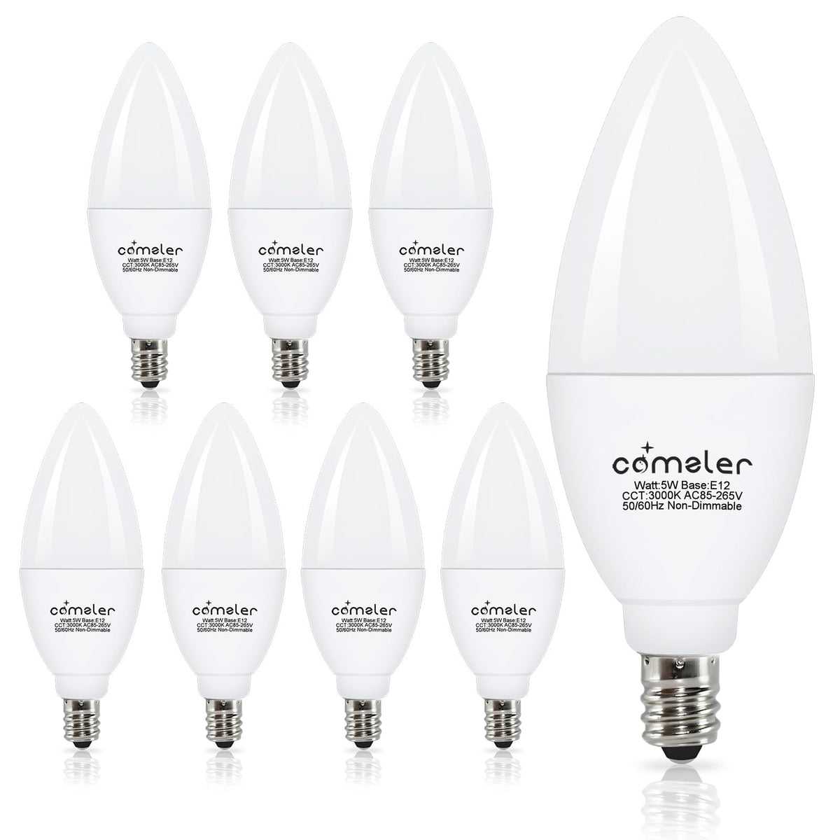 Comzler E12 8 Pack Led Candelabra Bulbs, 5 Watt 60 Watt Equivalent 3000K Soft White Ceiling Fan Light Bulbs, B11 Non-Dimmable Ch
