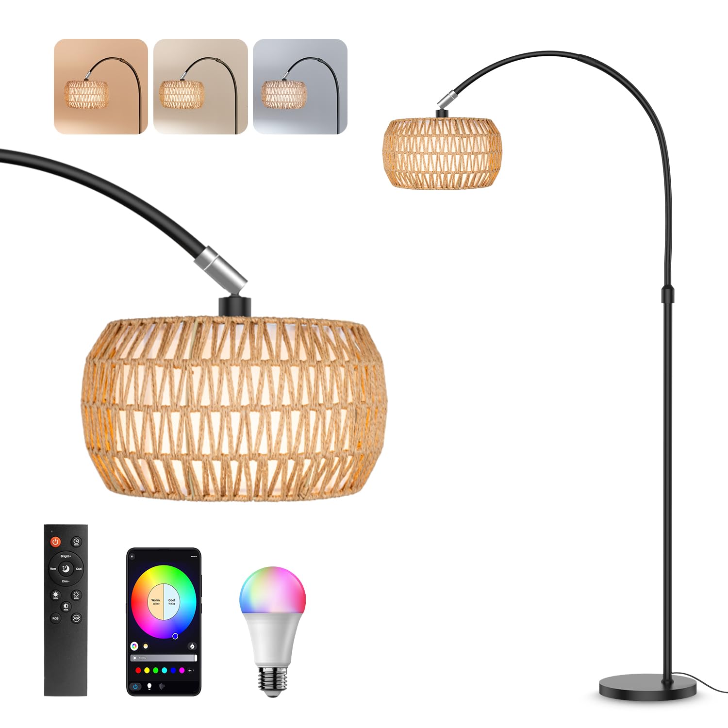 Arc Floor Lamp for Living Room with 3 Color Temperatures, Black Standing Lamp with Remote & RGB Bulb, Farmhouse Rattan Boho Floo