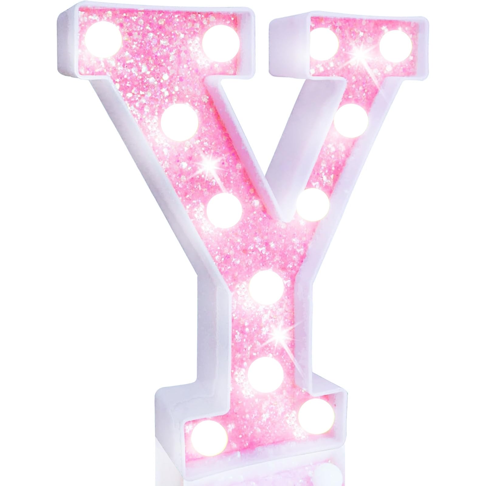 Pooqla Led Marquee Letter Lights  Light Up Letters Glitter Letter Sign Girls Gift  Battery Powered Night Light Pink Birthday Party Room Wedding Christmas Girls Bedroom Dorm Decoration  Cool White Y