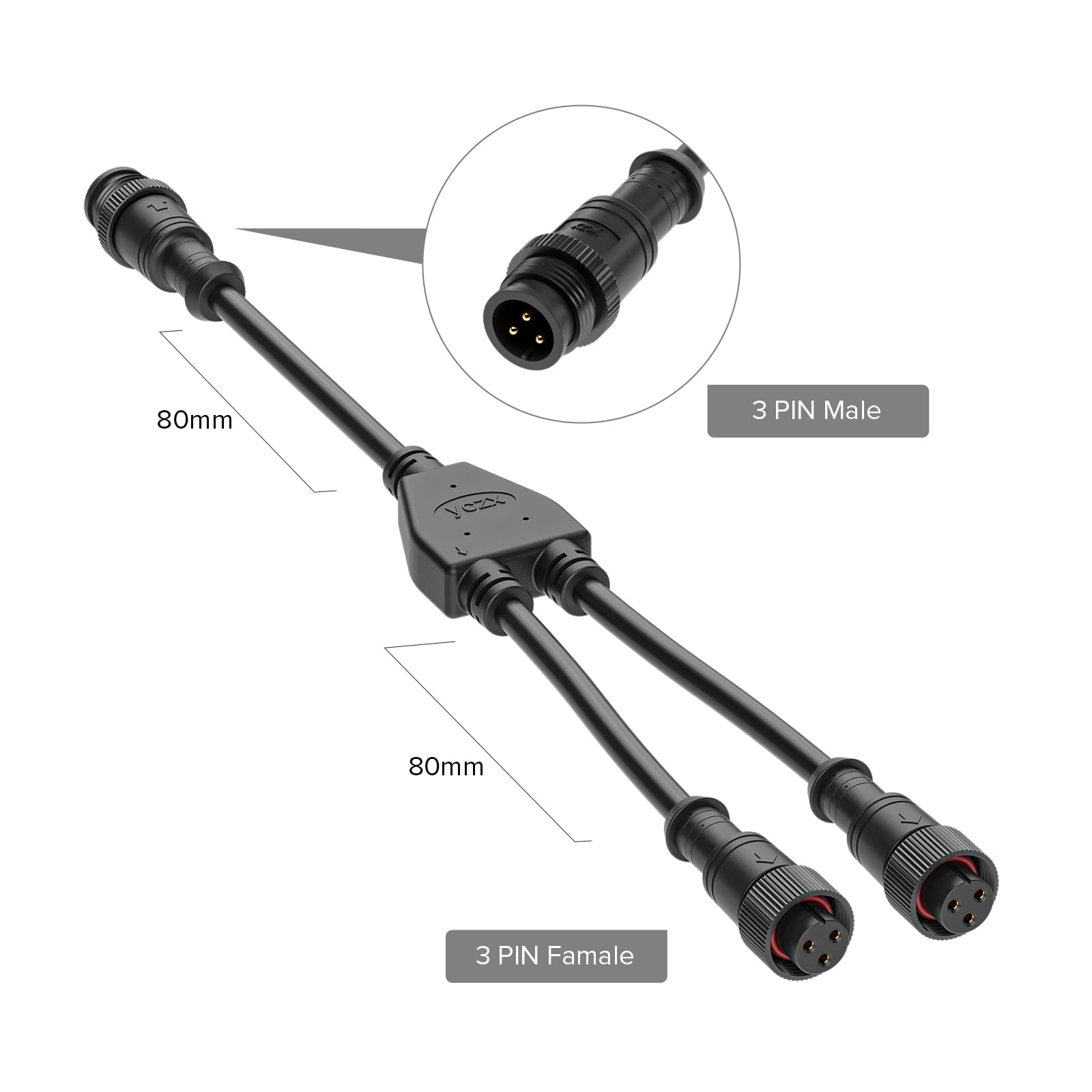 Btf-Lighting 3 Core 3 Pin Big Size Ip67 Y Shape 1 Male-Divided-2 Female Spillter Connctor Black Plastics 0.75Mm²/18Awg 22Mm Metal Metal Nut Support All Btf-Lighting 3 Pin Big Size Ip67 Connectors