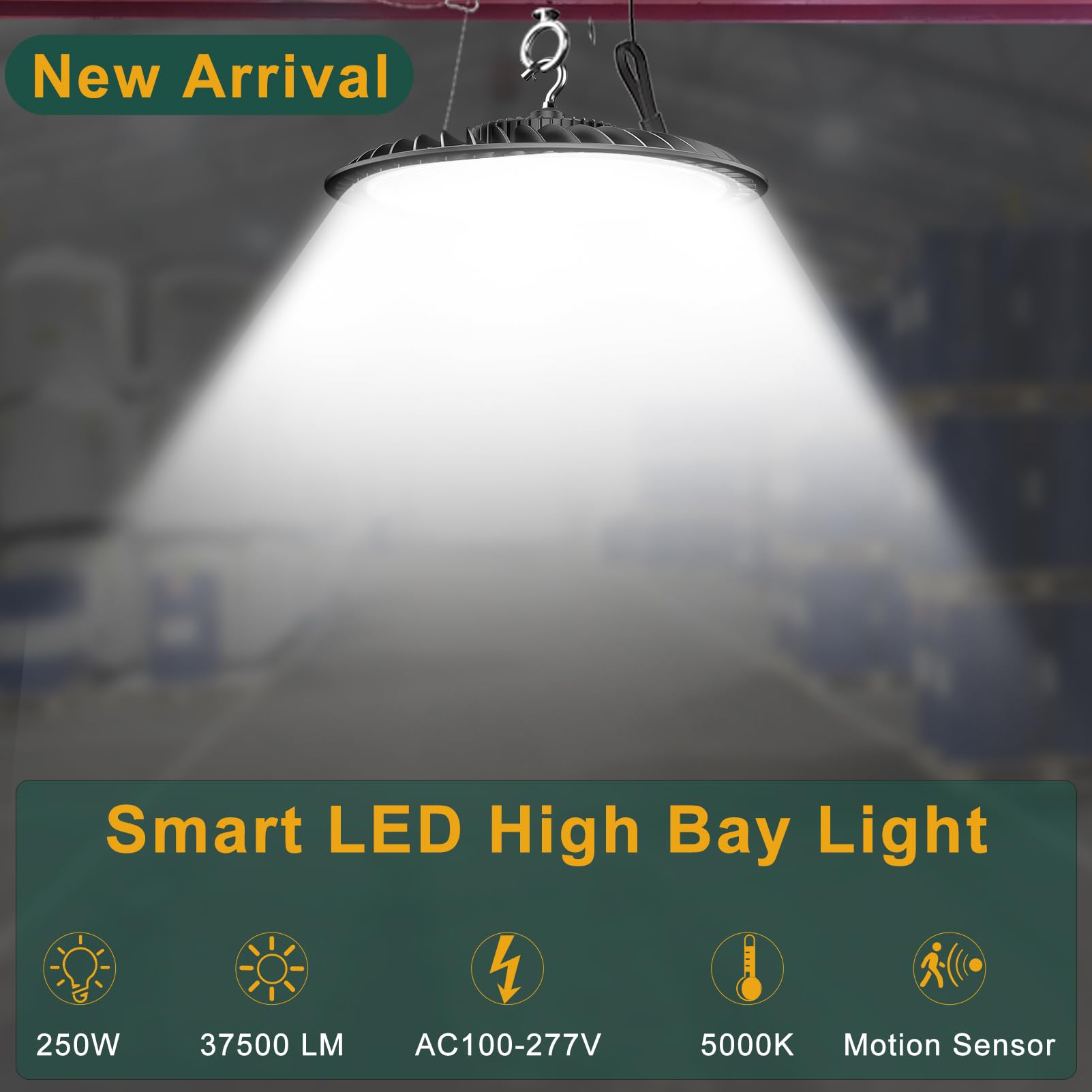 ACOHOOK Smart 250W LED High Bay Light, 37500lm, Remote Control, Motion Sensor, AC100-277V, Model AUFO-15MD, 6Pack