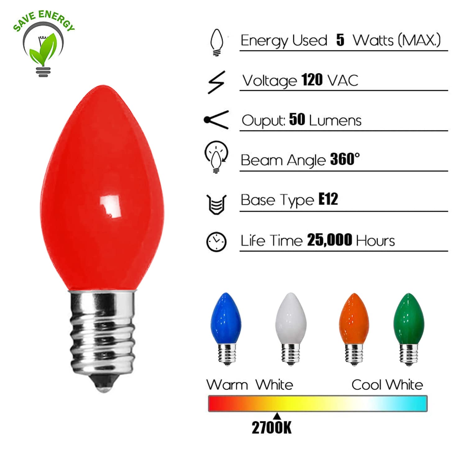 Couah Christmas Light Bulbs C7 Multi-Color Replacement Bulbs(25 Pack) C7 Ceramic Outdoor String Light Replacement Bulbs, C7/E12 Candelabra Base, 5 Watt