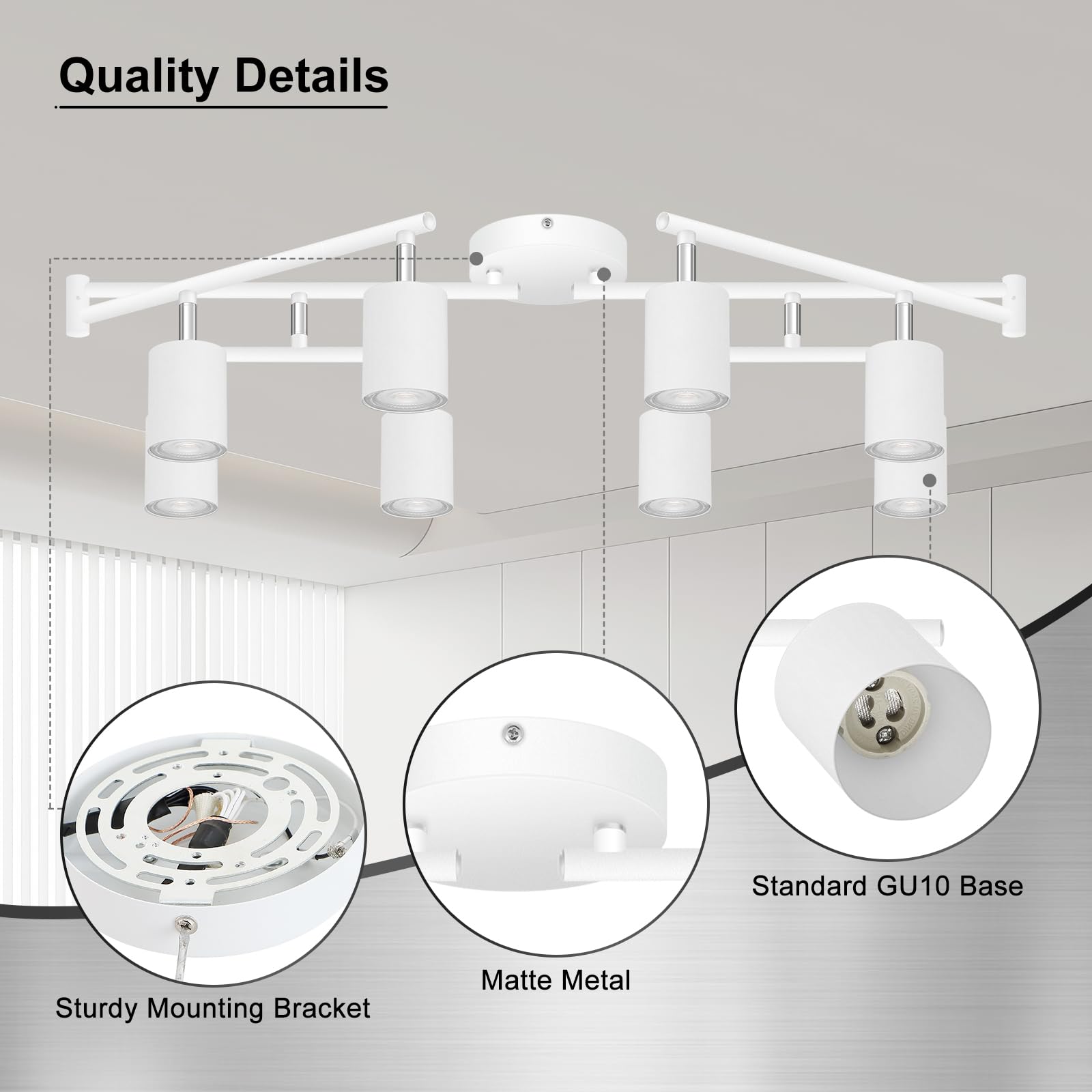AUQUEE 8 Light Track Lighting Fixtures, Matte White, Rotatable LED Heads, Model AQC0682US, Adjustable for Kitchen/Hallway