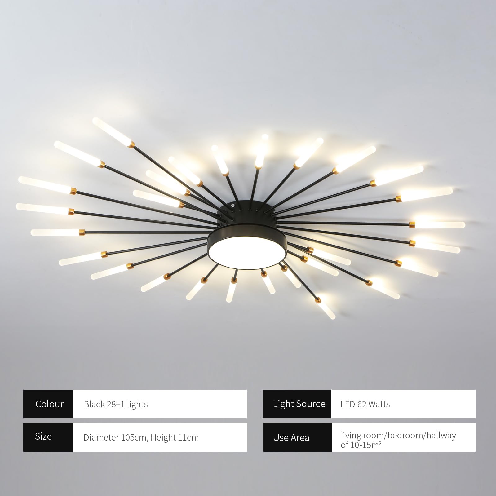 Jaymp Ceiling Light Modern Flower Shape Ceiling Lamp For Dining Room Kitchen Hallway Flush Mount Metal Acrylic Sputnik Firework Petal Led Lighting Fixture (Matte Black, 28 Lights)