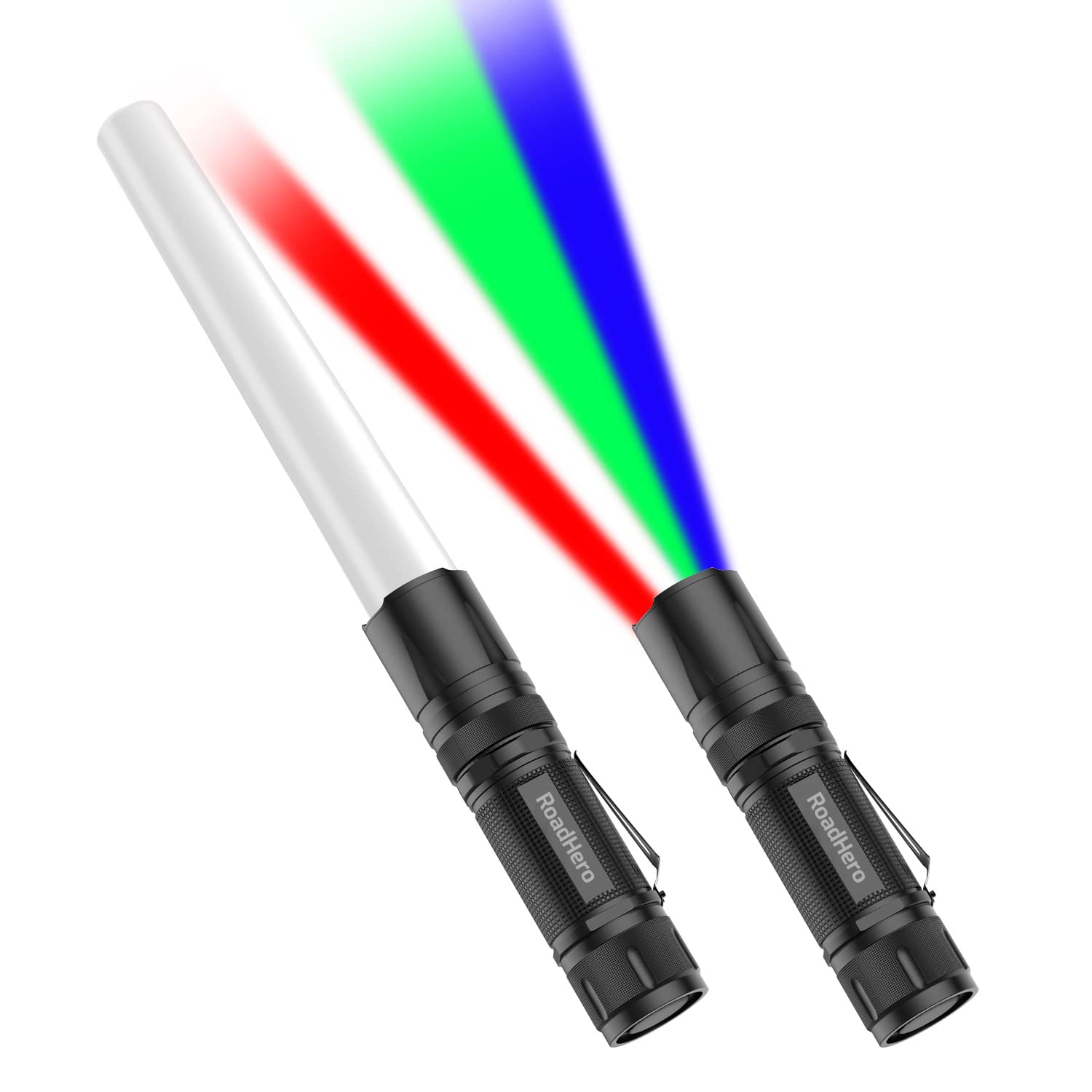 RoadHero 2 Pack 12 Inch Multi Color LED Flashlight Traffic Control Wand, 4 Colors in 1, Safety Signal Light Traffic Baton for Ni
