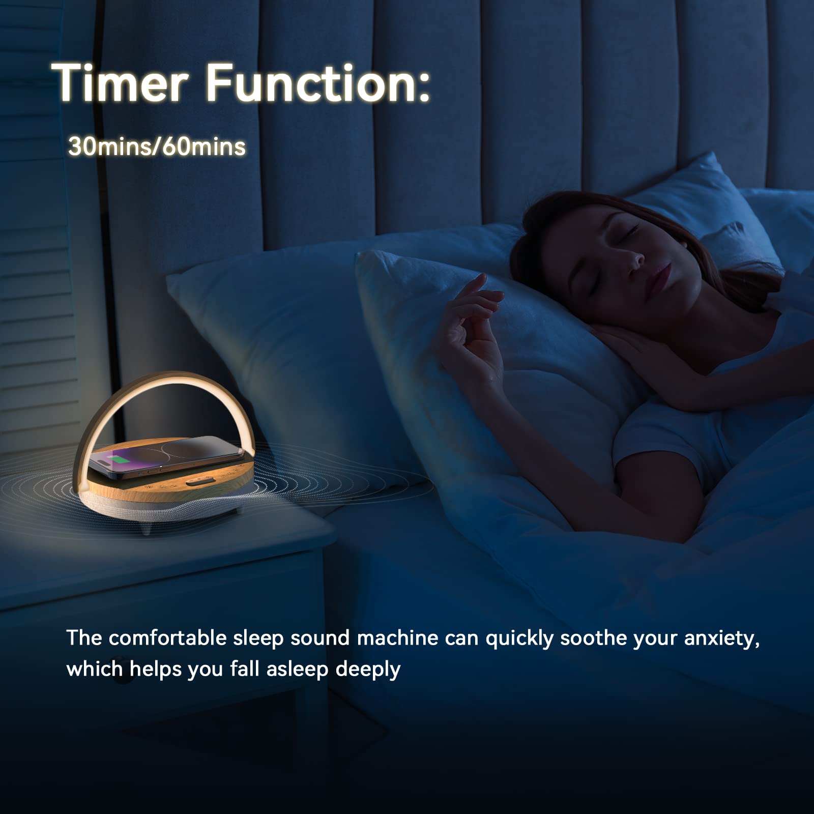 Vivilumens Bedside Lamp with Wireless Charger, Touch Control, 3-Level Dimmable, White Noise, Bluetooth Speaker, S22 Model, White Noise Upgrade