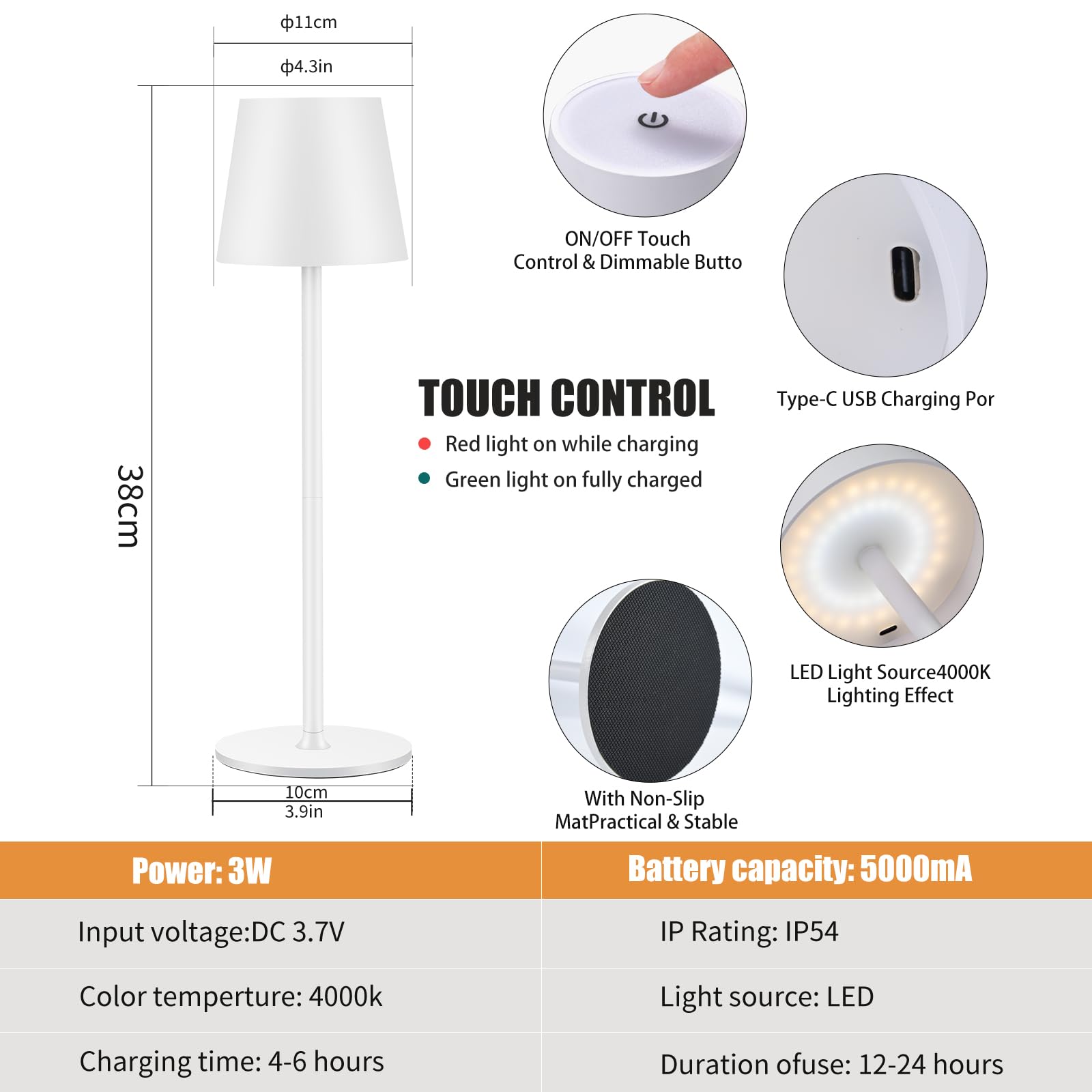 IMQSQIK Cordless Table Lamp, 5000mAh Rechargeable LED, 3 Color Modes, Dimming, White, Model CL-2pwhite