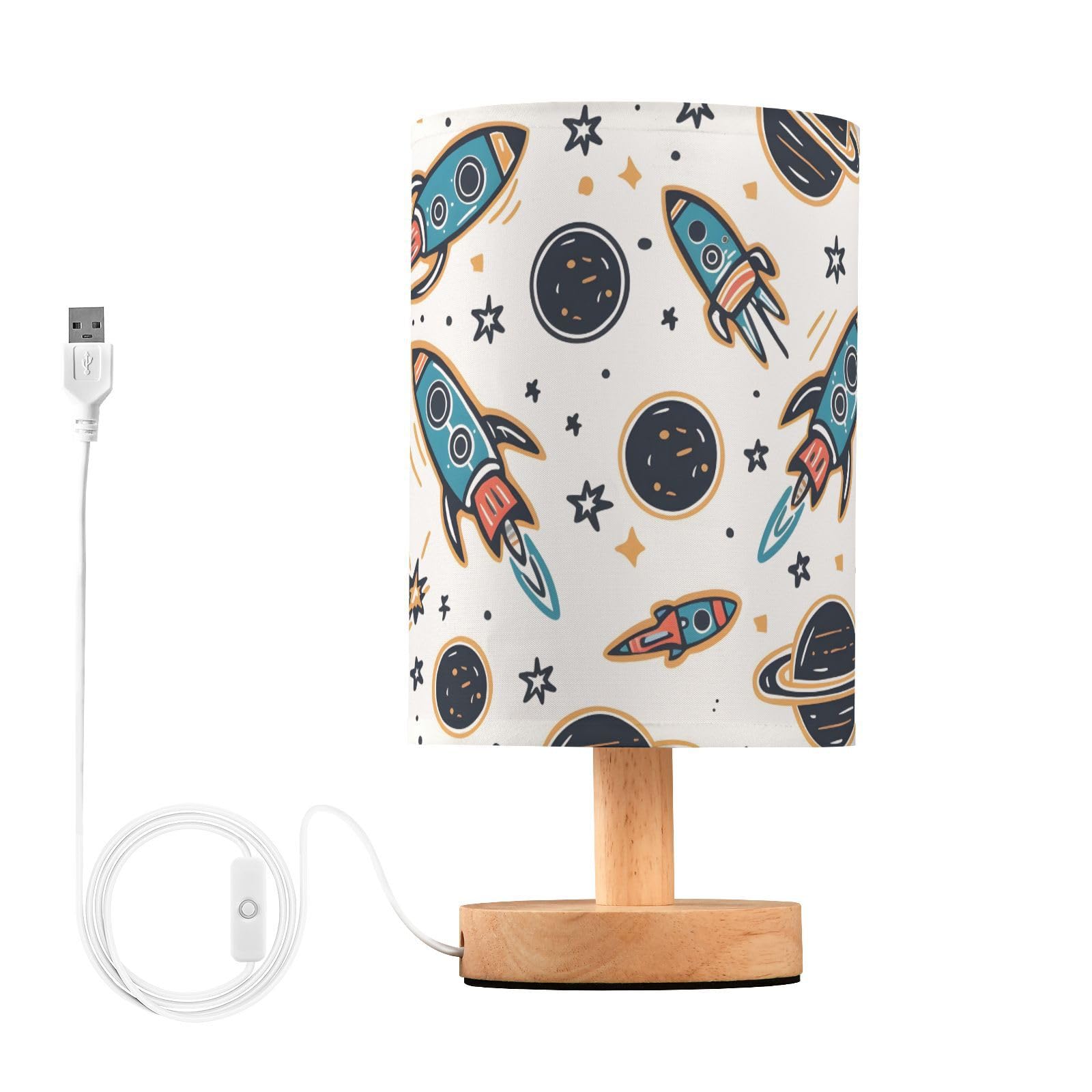Bedside Table Lamp Space Rockets Planets Stars Cartoon Table Lamp for Bedroom Nightstand Lamp with USB Port LED Desk Lamp Shade 