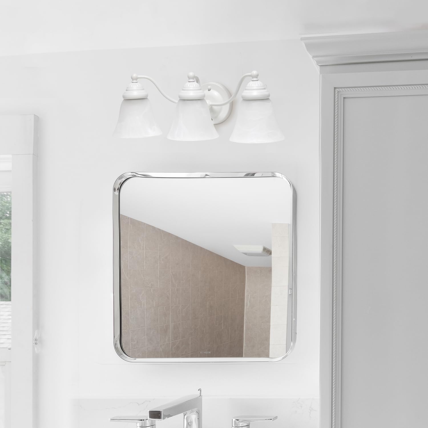Simple Designs VT1023-WHT 19.25 Classic 3 Light Winding Metal and Frosted Marble White Bell Shape Glass Shades Decorative Wall M