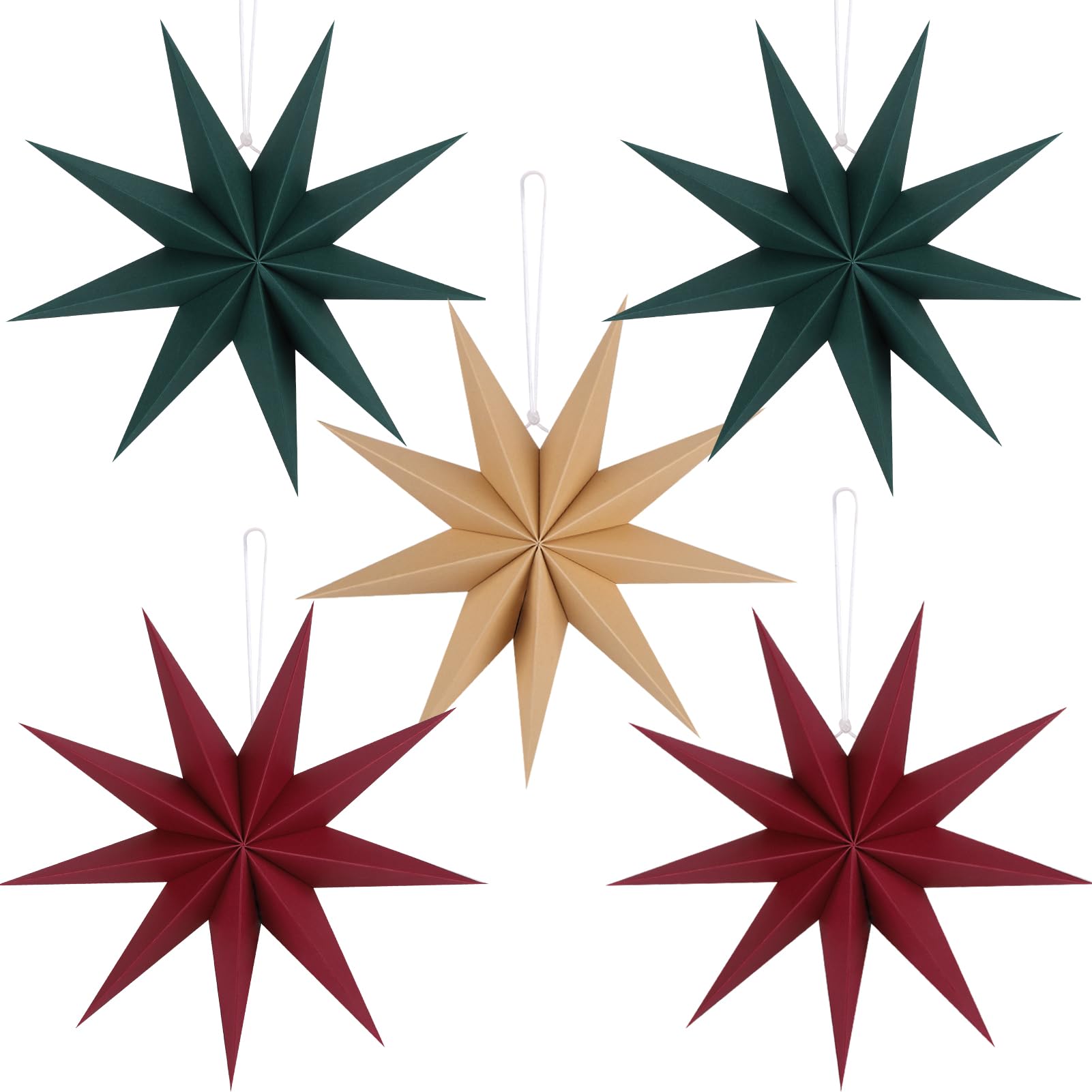 BestoFun 12 Inches 5 PCS Beverage Red Green Brown Paper Star Lanterns Christmas Party Decorations Hanging Stars Christmas Party Decorations Wedding Birthday Christmas Home Party Decorations(9 Pointed)
