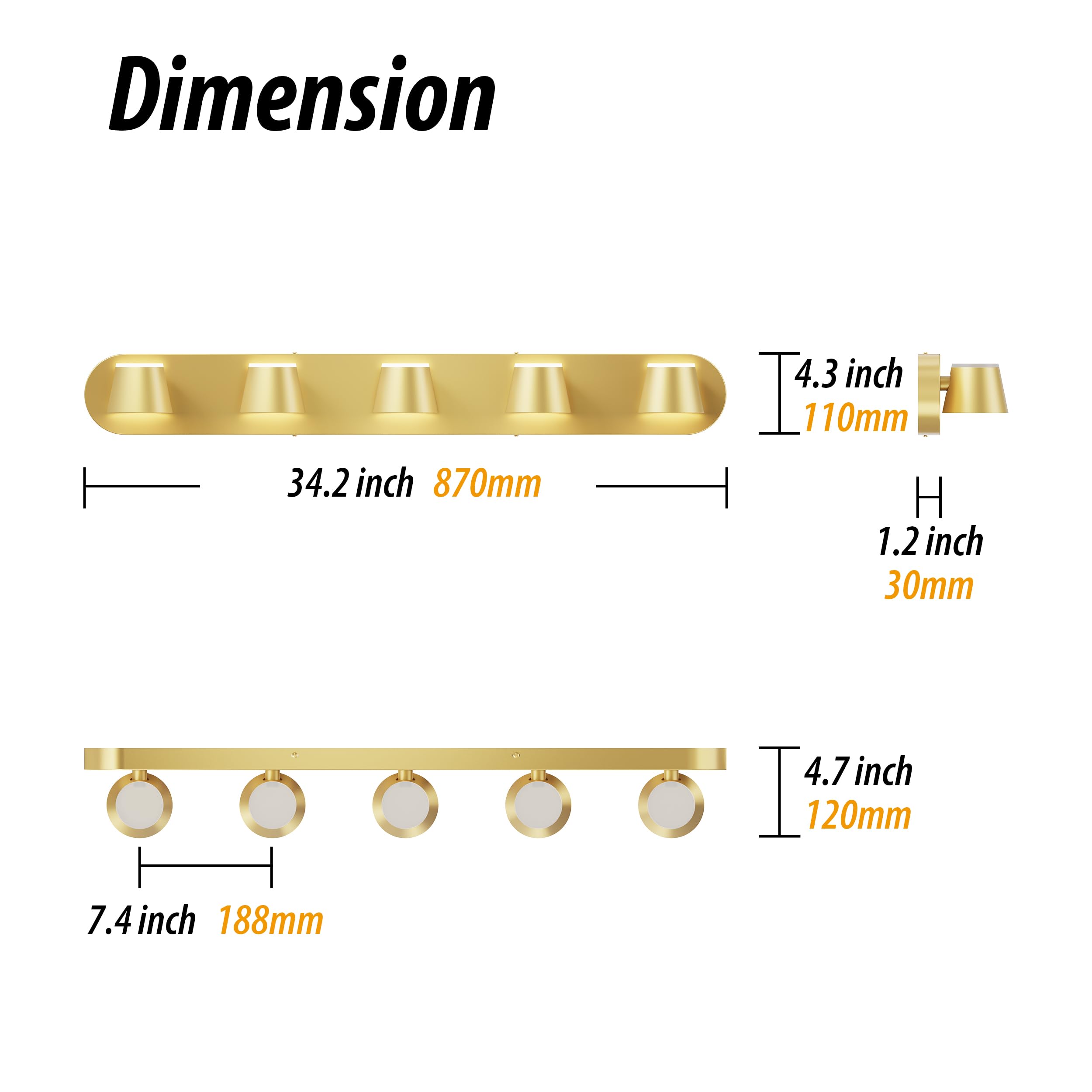 URSOLA 5 Light Bathroom Vanity Light Fixtures, LED Gold Metal Over Mirror, Dimmable, Model 7540GD-5T, 34 Inch