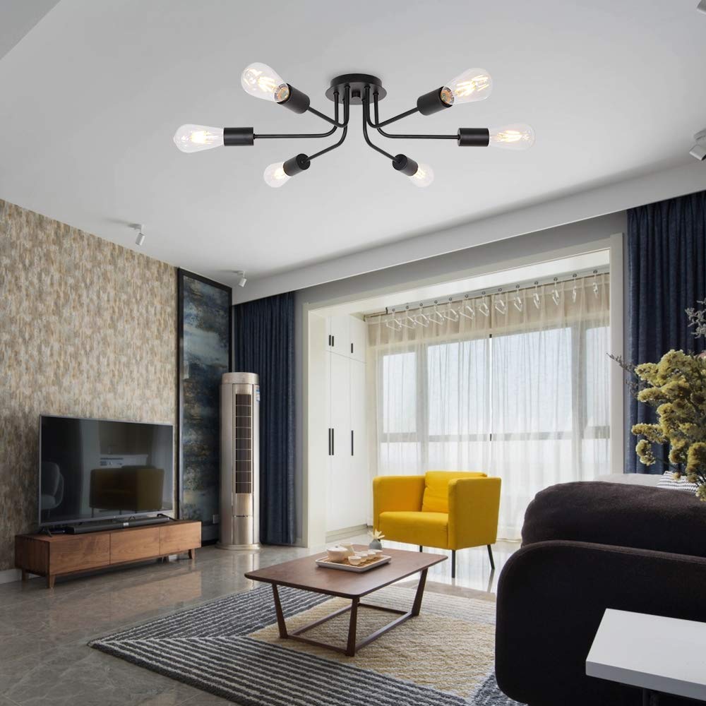 Tuluce Semi Flush Mount Ceiling Light Fixture 6-Light Modern Sputnik Chandelier Lighting Black Vintage Metal Ceiling Lamp E26 Li
