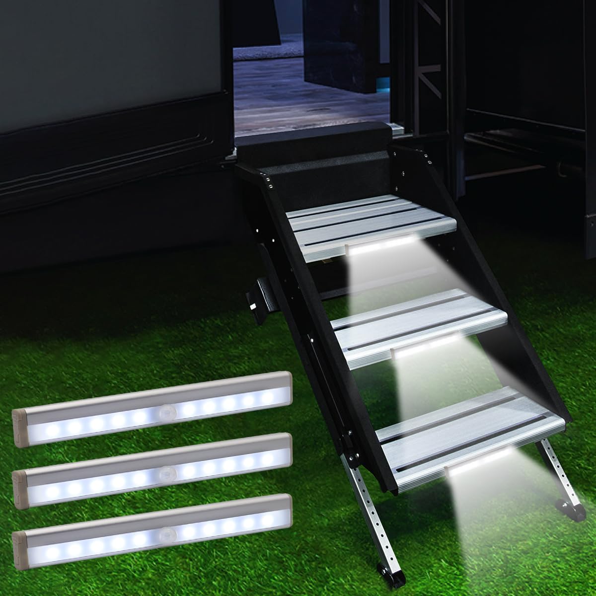 LYCARESUN Motion Activated RV Step Lights, 10 LED Wireless Night Light Bar, Black, Model 1, Battery Operated for Campers and Trailers