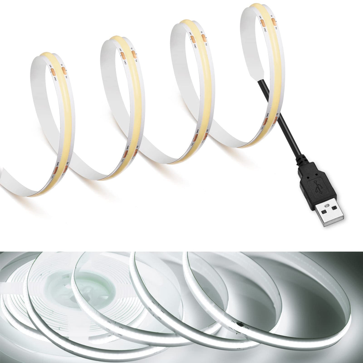 Mdee Cob Led Strip Lights 6000K Cold White 6.56Ft Usb Powered Flexible Tape For Decor