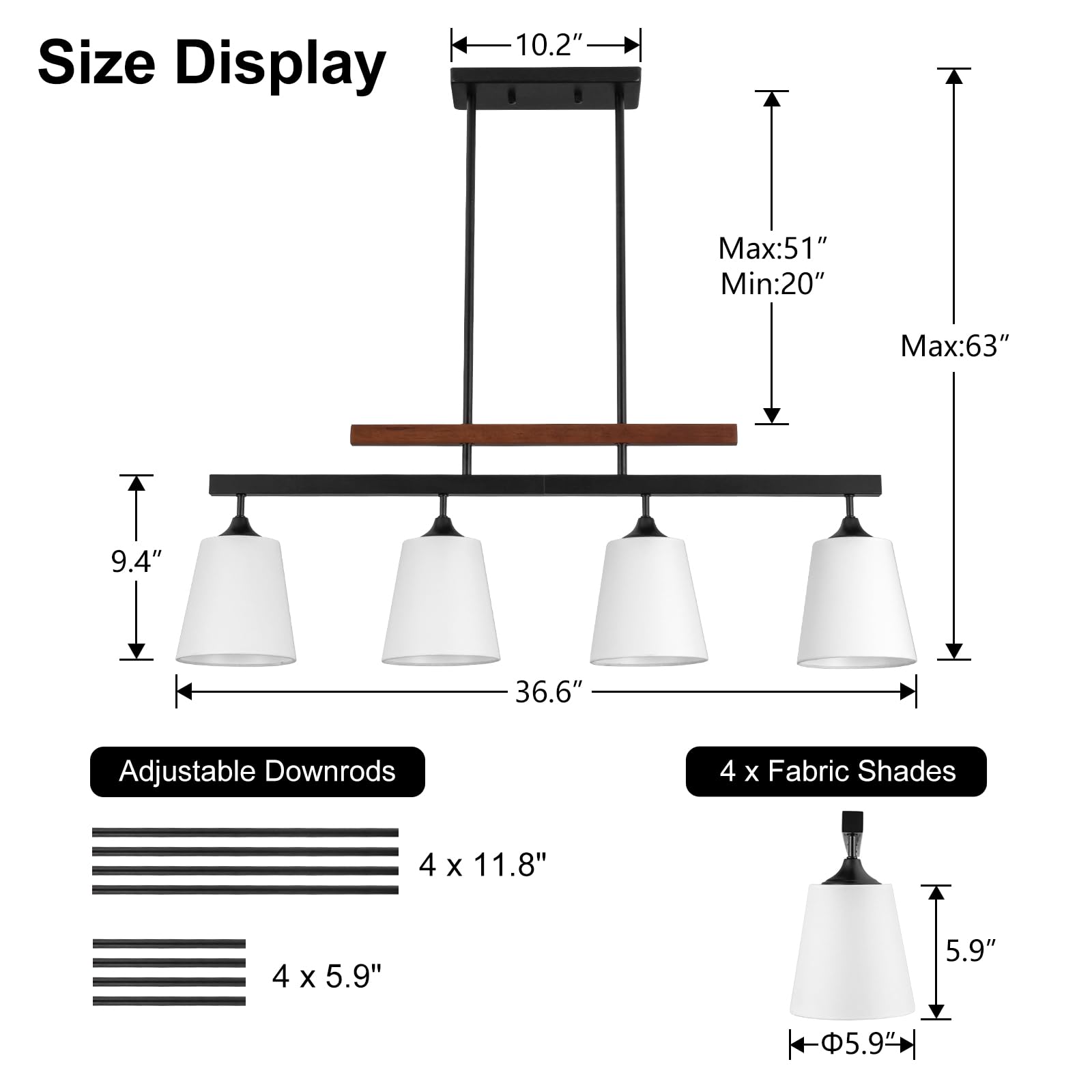 Farmhouse Dining Room Light Fixture Over Table, 4-Light Kitchen Island Lighting, Rustic Wood Linear Chandeliers With White Fabric Shade, Matte Black Hanging Pendant Light Fixtures