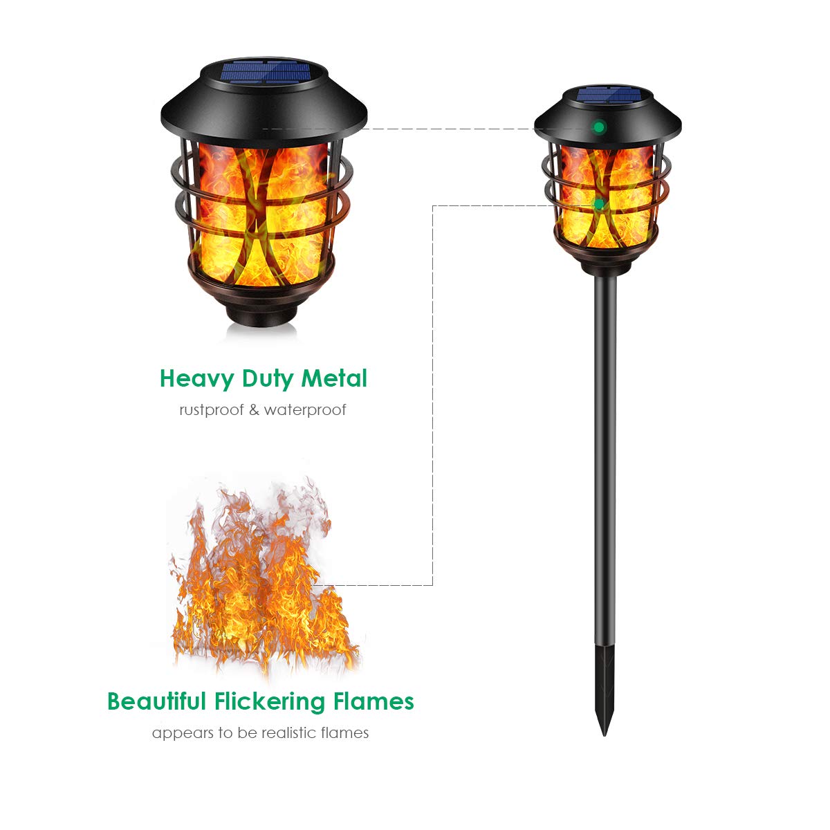 TomCare Solar Torch Lights, Flickering Flame, Waterproof, Dusk to Dawn, Metal, Bronze, Model SZ-18024, 4 Pack