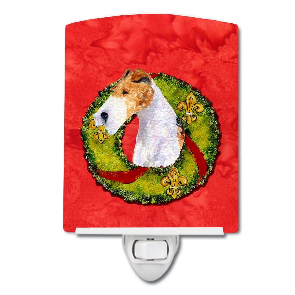 Caroline'S Treasures Ss4168Cnl Fox Terrier Cristmas Wreath Ceramic Night Light Compact, Ul-Certified, Ideal For Bedroom, Bathroom, Nursery, Hallway, Kitchen, 6X4X3, Multicolor
