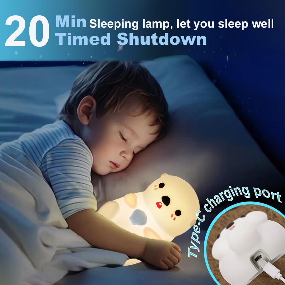 KangTen CHEN Cute Otter Night Light - Silicone USB Rechargeable Lamp for Kids, Touch Control, White, Model DS-AX-011