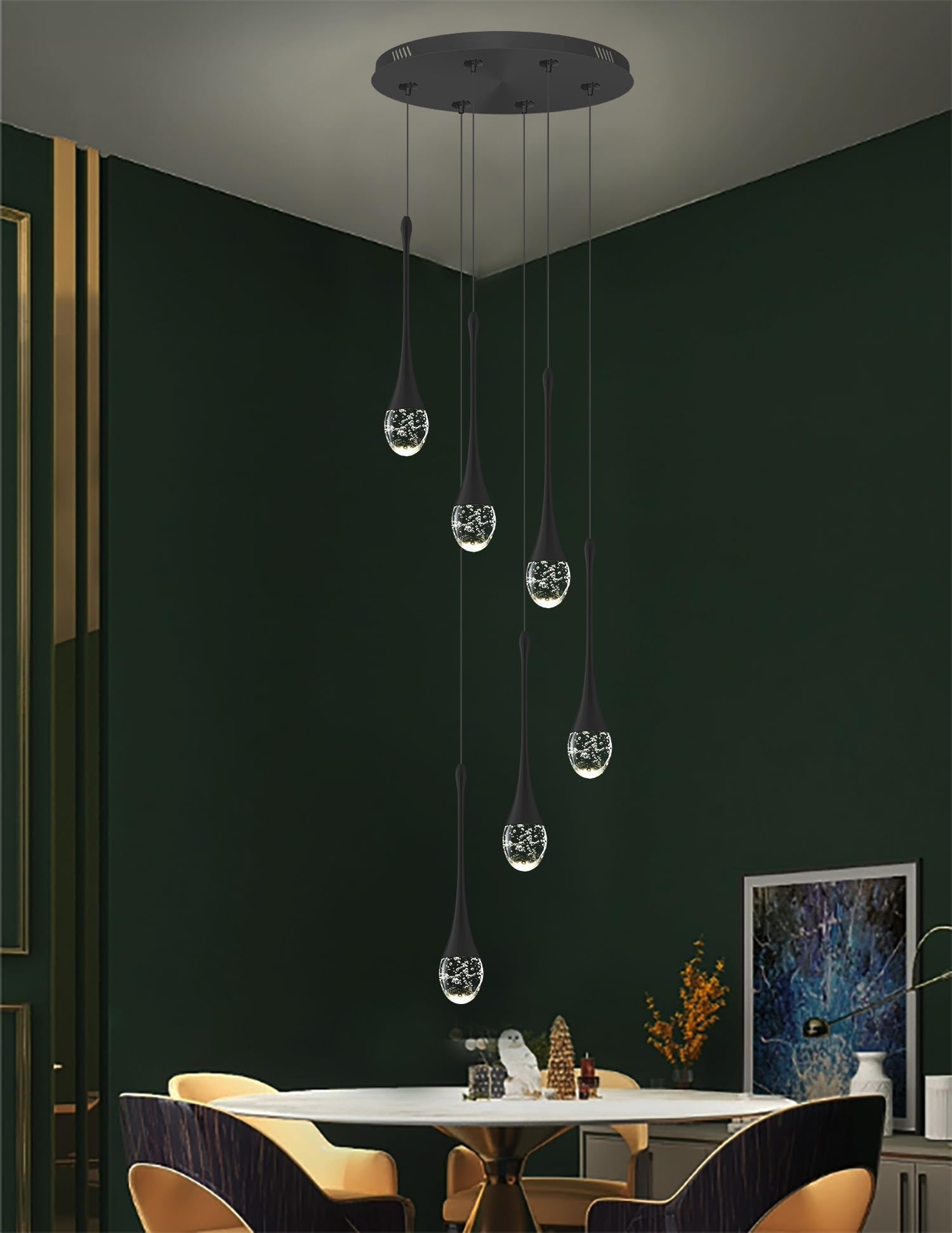 ykolupty 6-Lights Black Crystal Chandelier, Dimmable LED, Model TP0038-6H, Raindrop Design for Dining Room, Loft Ceiling Lighting
