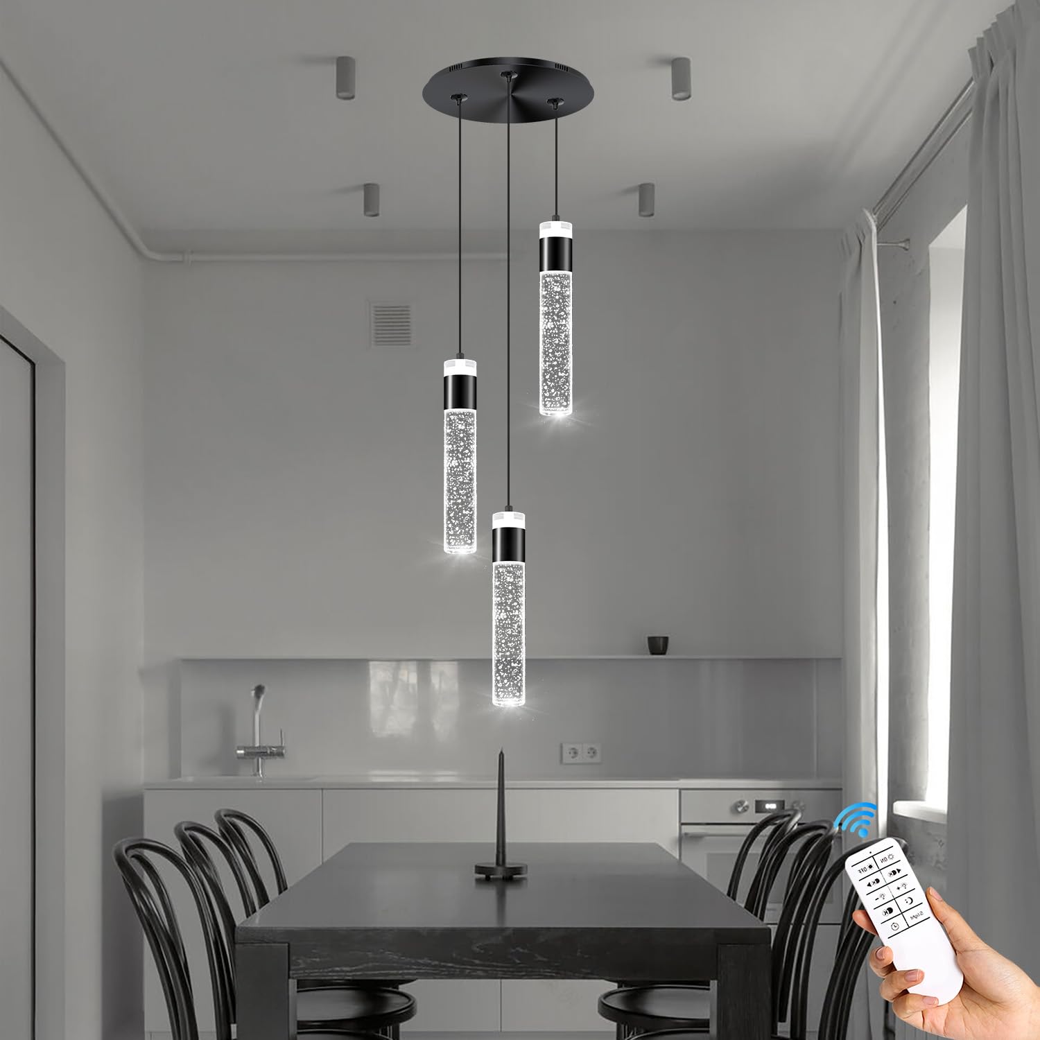 Dimmable 3-Light Pendant Lights Kitchen Island Crystal Hanging Light Modern Black Ceiling Light For Dinning Room Living Room