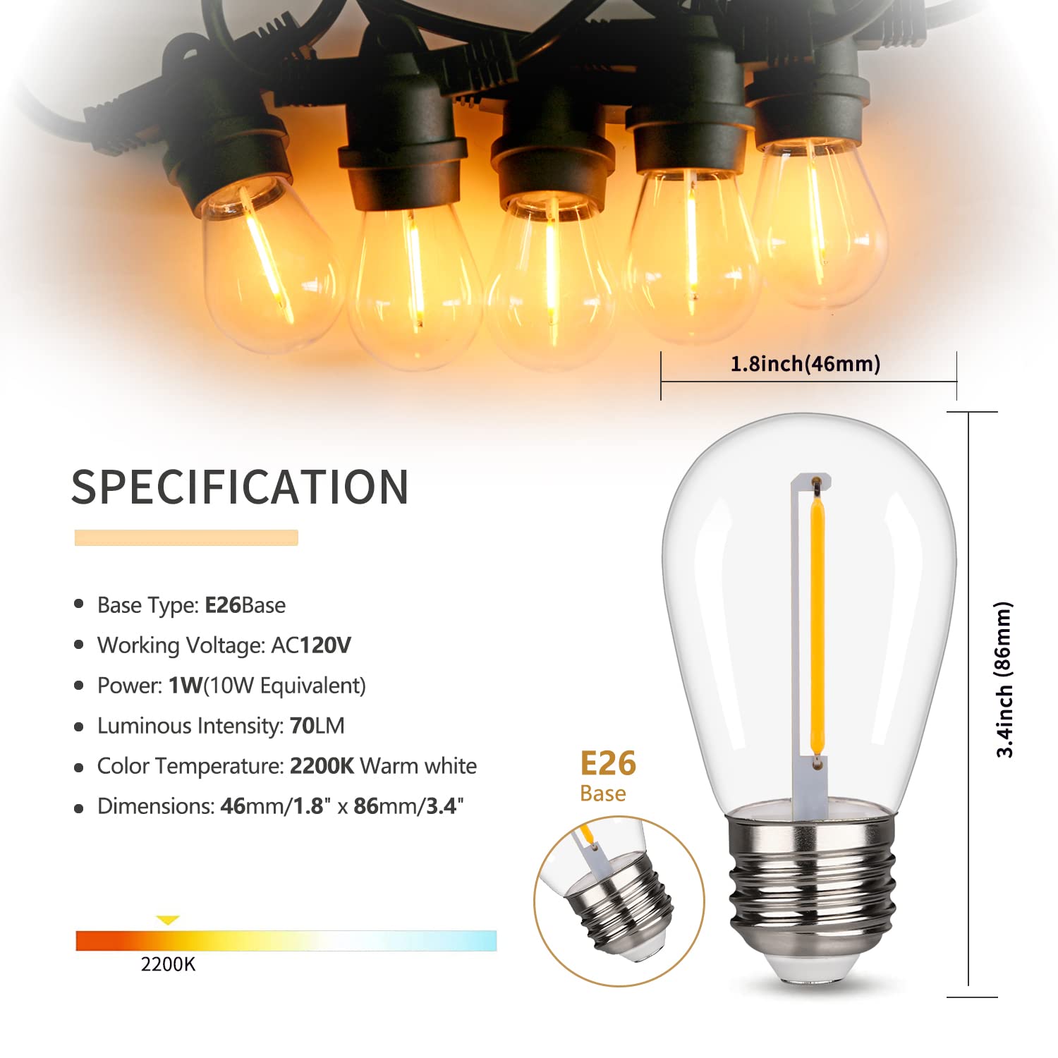 Austin Coast S14 LED Light Bulbs, Shatterproof & Waterproof, E26 Base, Warm White 2200K, 1W, 30 Pack