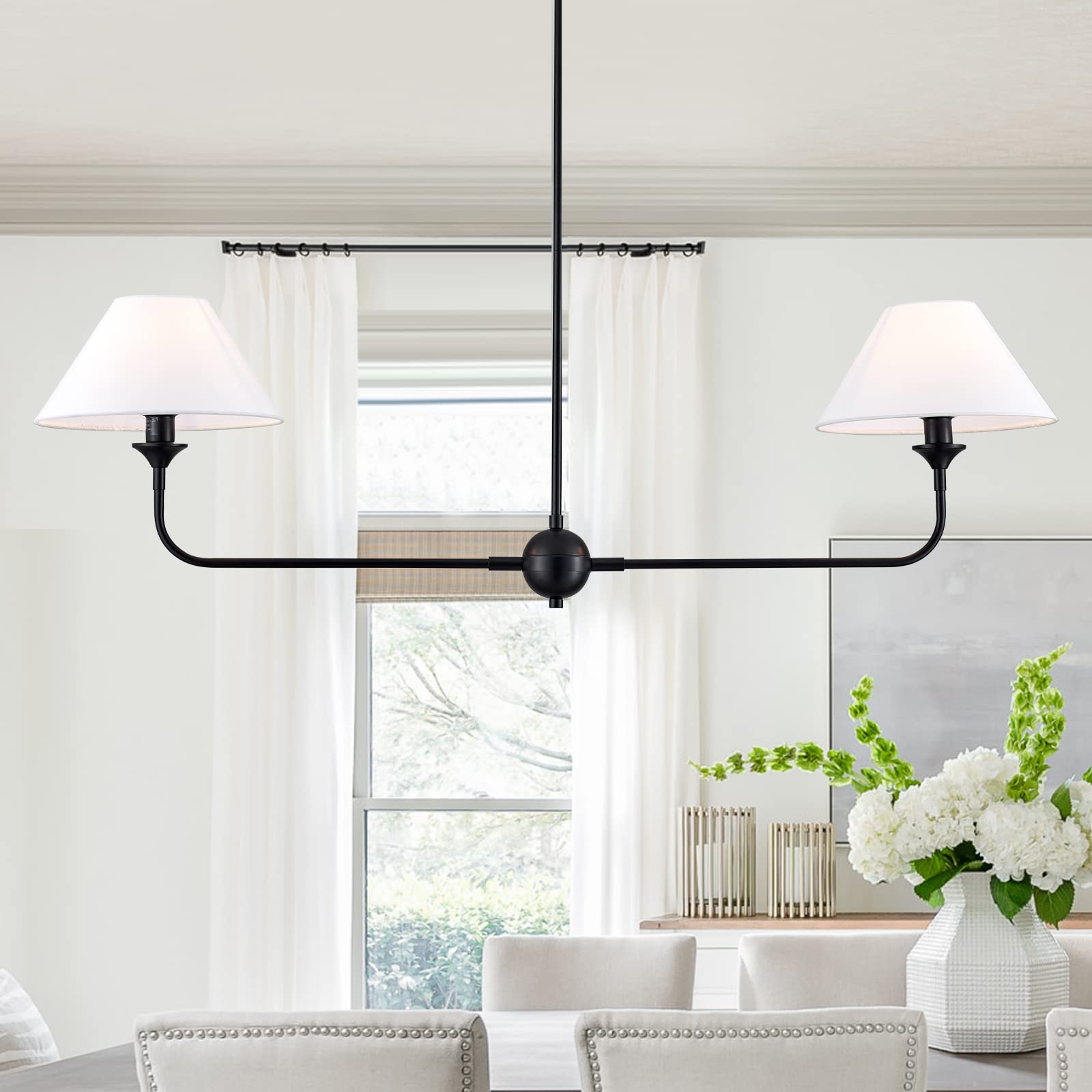 VANZARLA Modern Linear Chandelier, 2-Light Linear Kitchen Island Lighting Fixture with Off-White Fabric Shade, Rustic Pendant Li