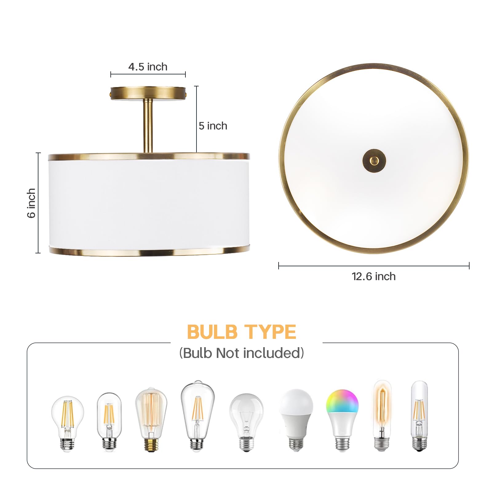 Calokes Luxury Semi Flush Mount Ceiling Light, 3-Light Drum Lamp With Gold Brass Finish And Fabric Shade, Ideal For Bedroom, Kit