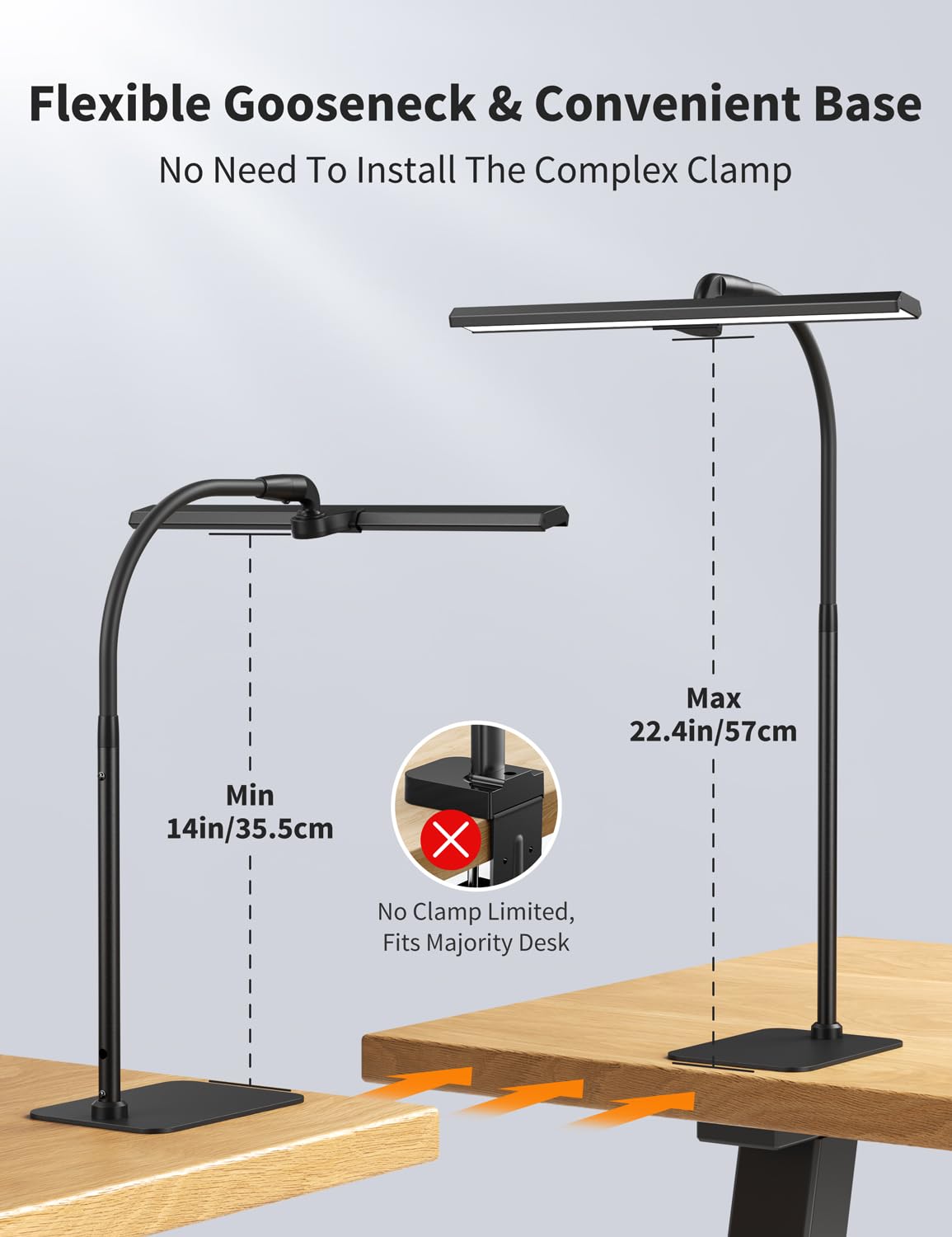 Kary Led Desk Lamps For Home Office, Tall Desk Light With Base, Flexible Gosseneck Adjustable Height 5-Level Dimmable Brightness