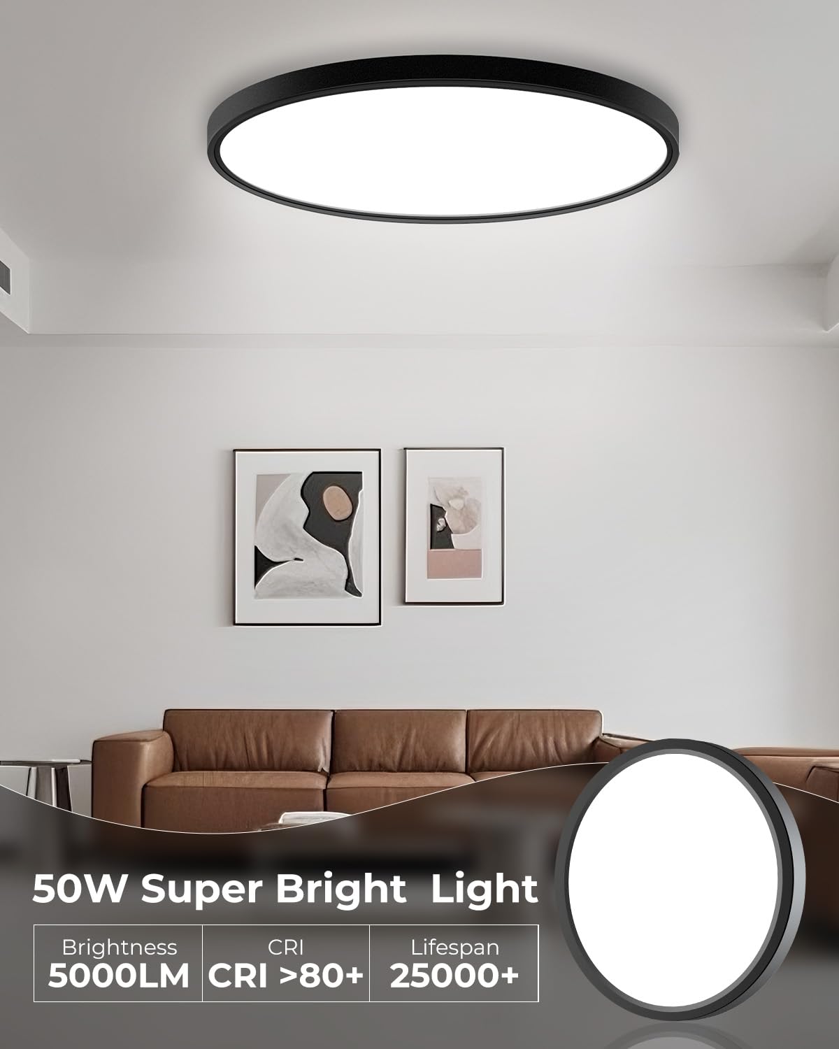 hepside 23-Inch Black Dimmable Flush Mount Ceiling Light, 3CCT 3000/4000/6500K, 50W 5000LM, Plastic,