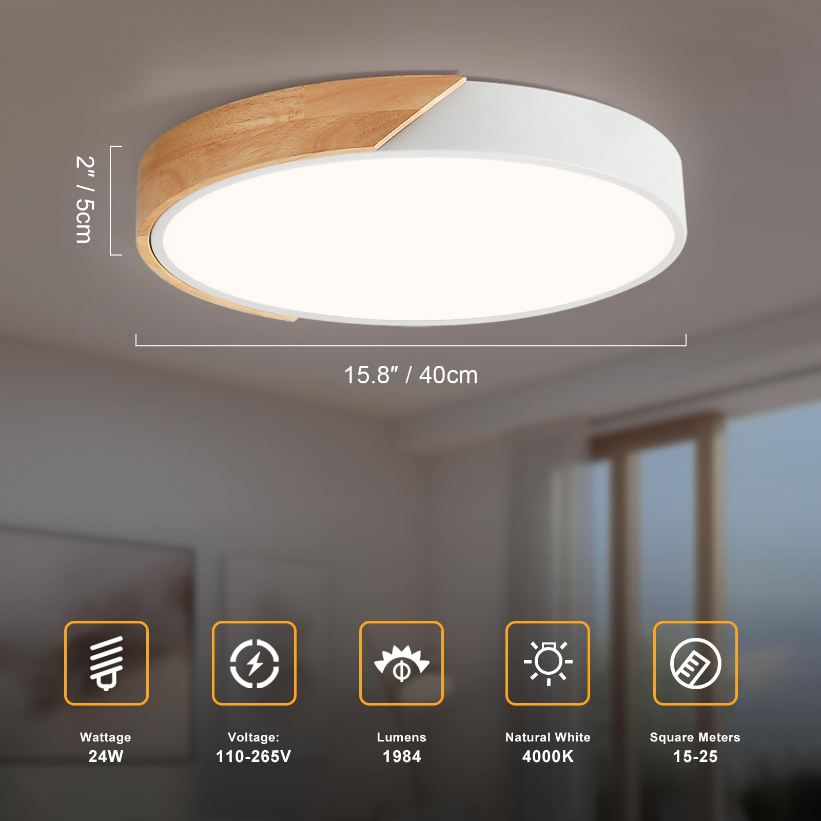 Vikaey Modern LED Ceiling Light Fixture, Minimalist Wood, 4000K, 15.8in , White
