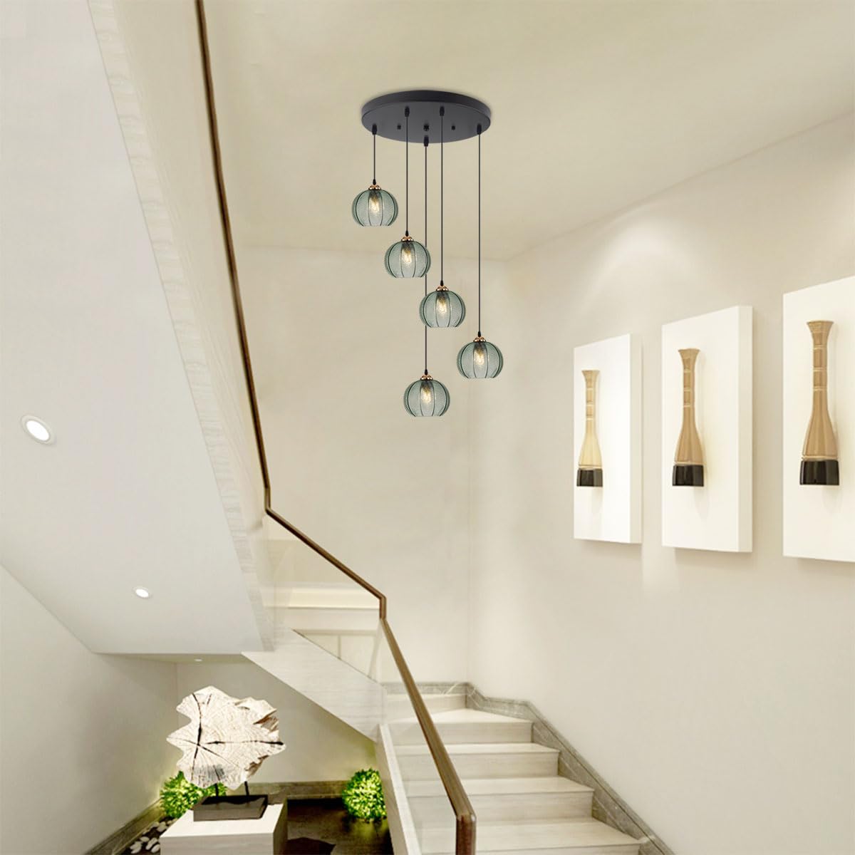 Aoodu 5 Light Chandelier For Entryway Green Glass Pendant Light 9.84 Ft Long High Ceiling Chandelier Hand Blown Shade Mid Centur