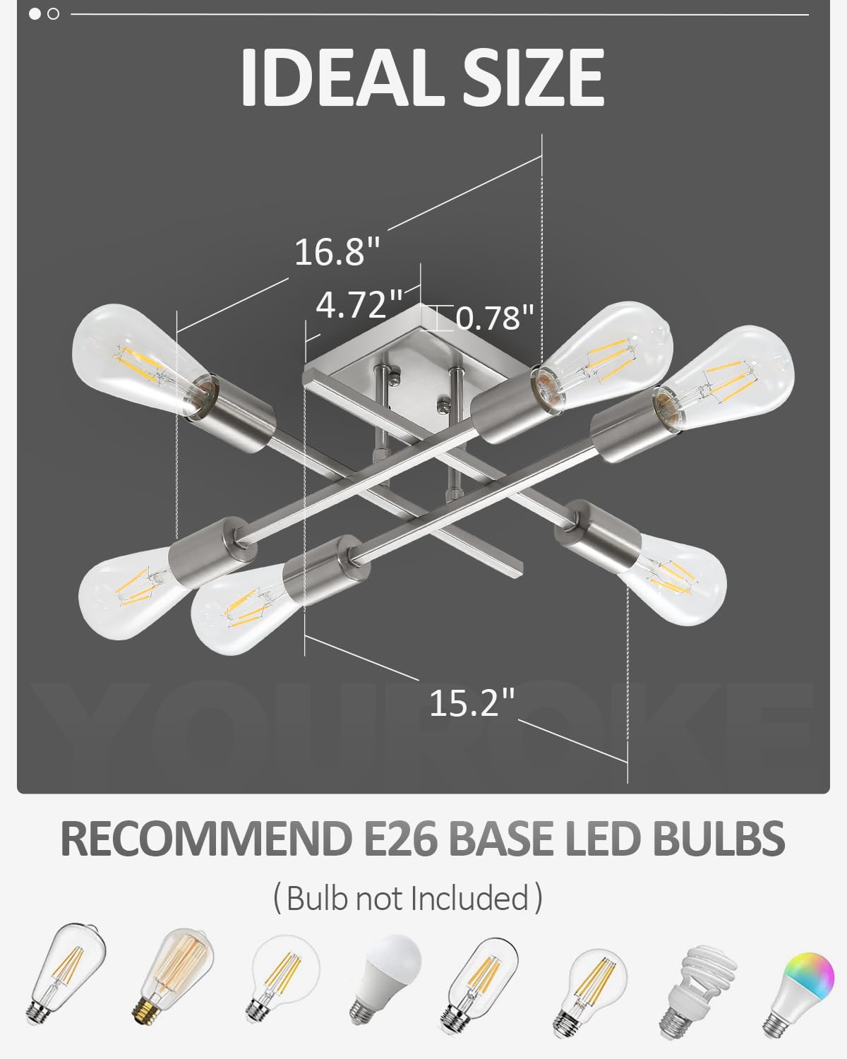 Eidonta 6-Light Semi Flush Mount Ceiling Light Fixture, 2 Pack Modern Brushed Nickel Sputnik Chandelier Lighting, Farmhouse E26