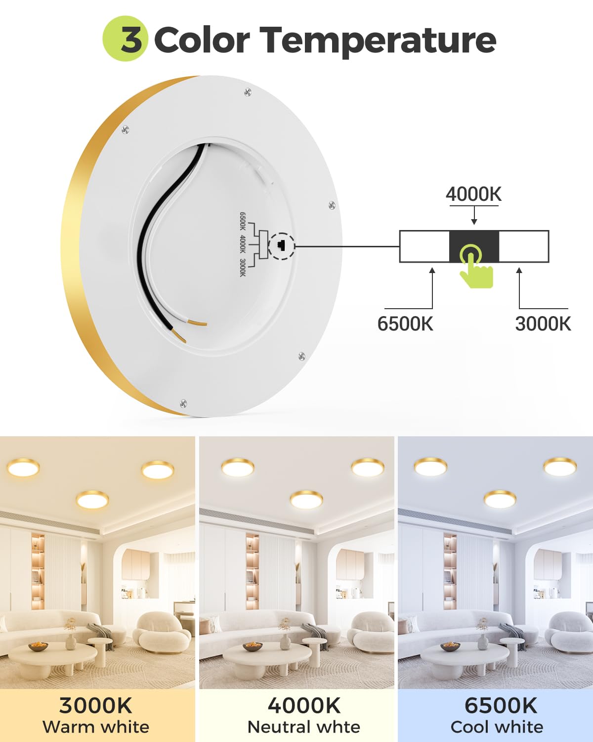 Hepside 2Pack Dimmable Flush Mount Ceiling Light Fixture Golden, 3Cct Selectable 3000/4000/6500K Ceiling Lamp, 7.5Inch 15W 1500L