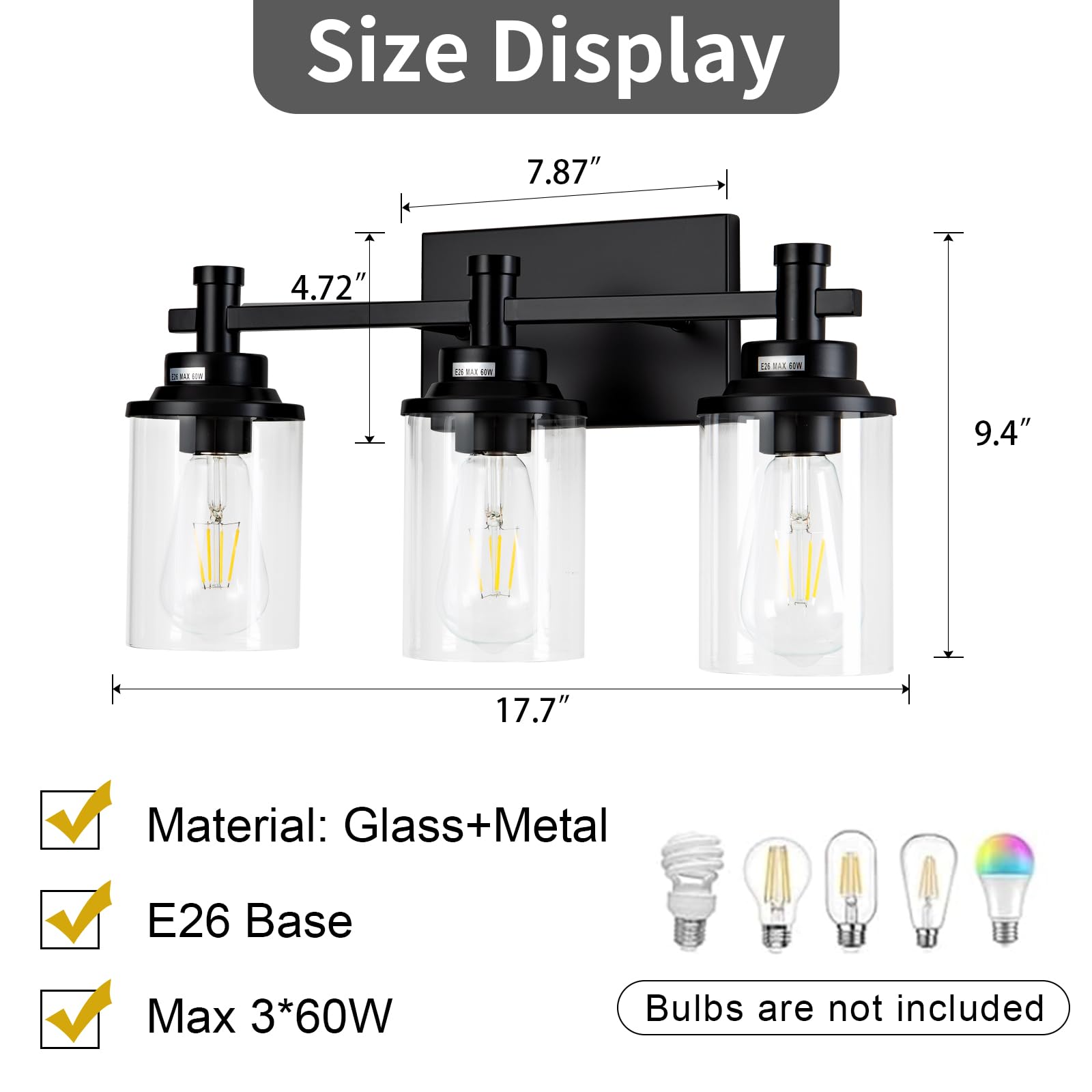 Aixialin 3 Light Bathroom Light Fixtures, Modern Black Vanity Lights Over Mirror, Wall Sconce With Clear Glass Shade And Metal B