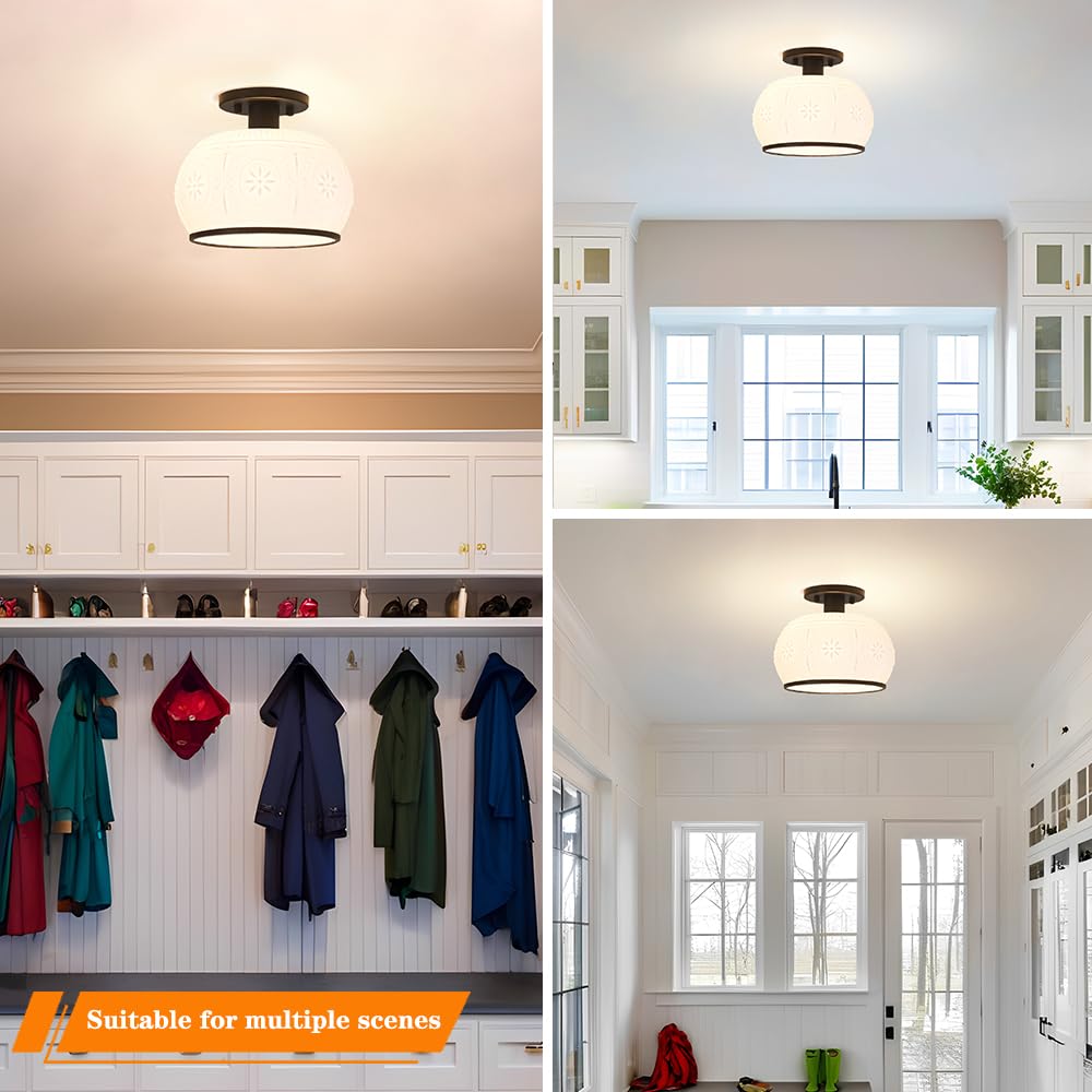 Oiyio Matte Black Semi Flush Mount Ceiling Light With Milk Glass Shade  Hallway Lighting Fixtures  Vintage Ceiling Light For Kitchen  Bedroom  Closet  Entryway  Porch