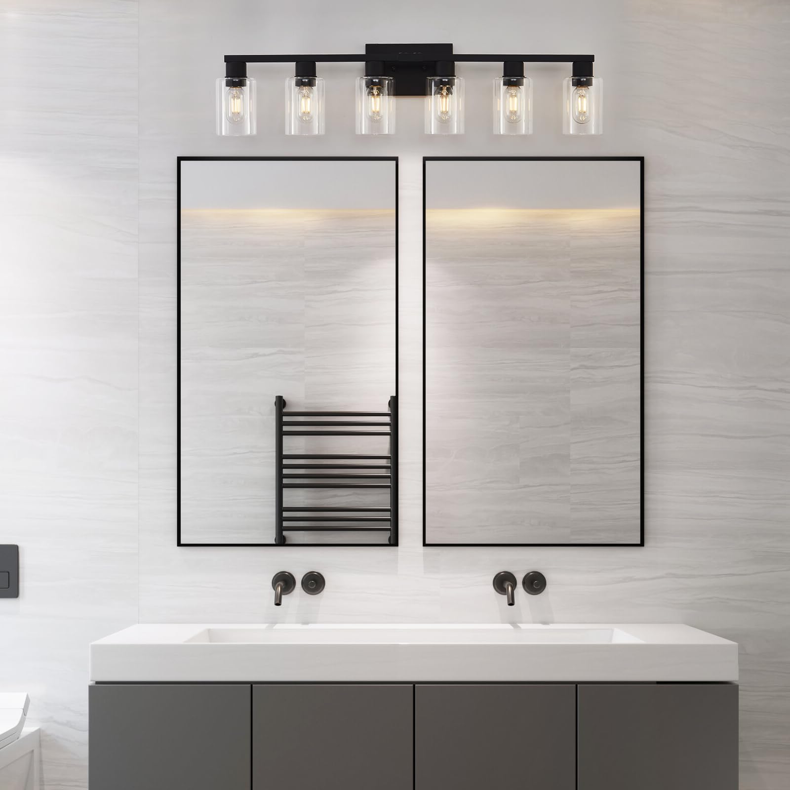 Black Bathroom Light Fixtures, Large 6-Light Bathroom Vanity Light, Vanity Lights For Bathroom With Clear Glass Shade, 34In Farm