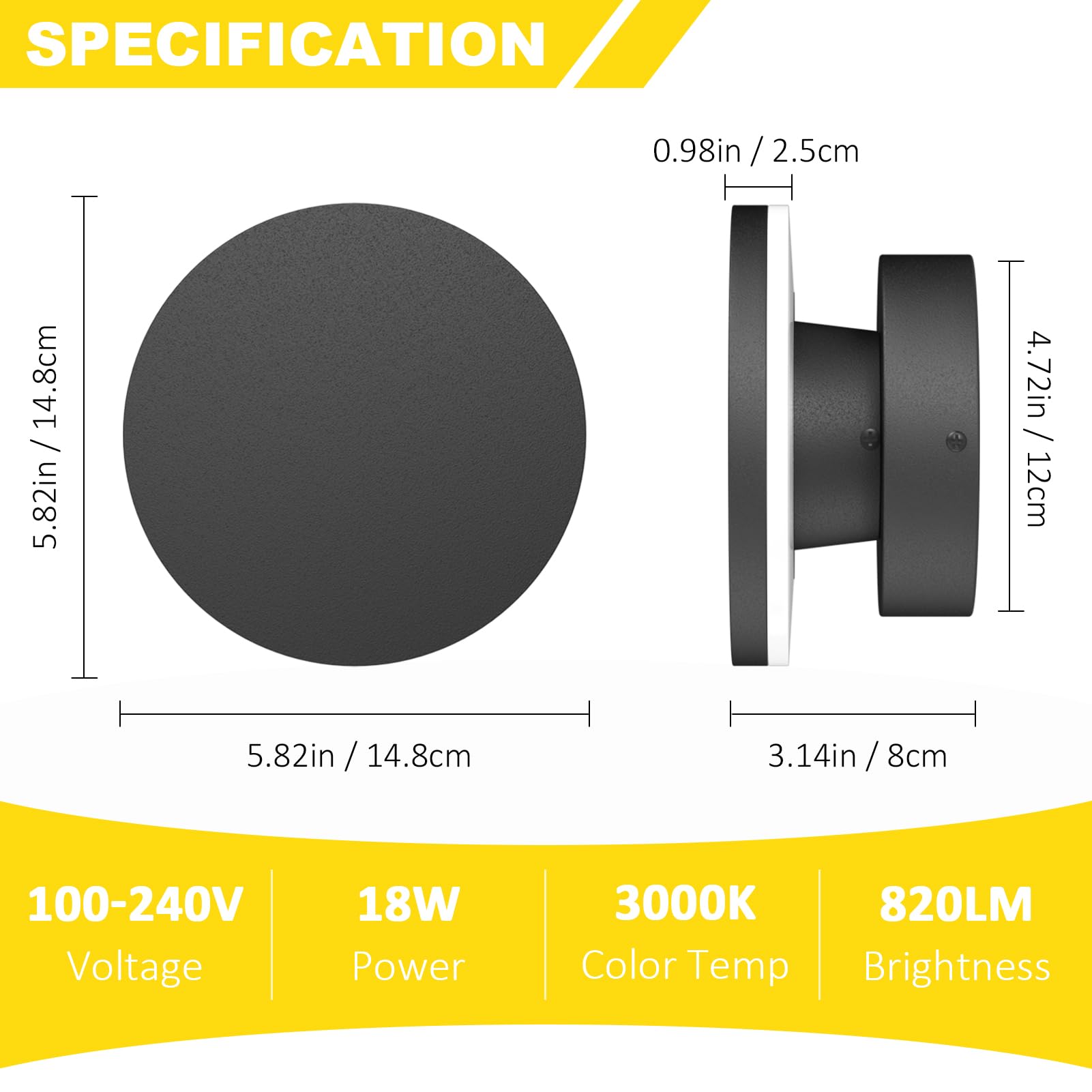 Aoceley LED Wall Light Sconce, Waterproof Black Aluminum, 3000K Warm White, 1-Pack, Round Design