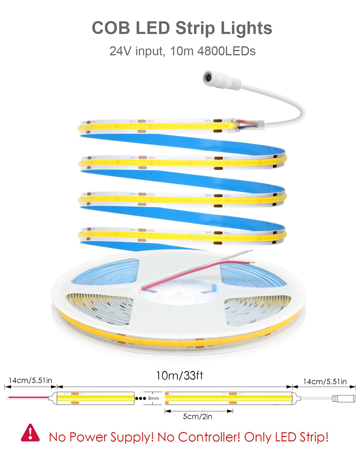 ALITOVE 32.8ft COB LED Light Strip 6500K Daylight White 24V Flexible Tape Light 480 LEDs/M IP20 for Home & Office Decor
