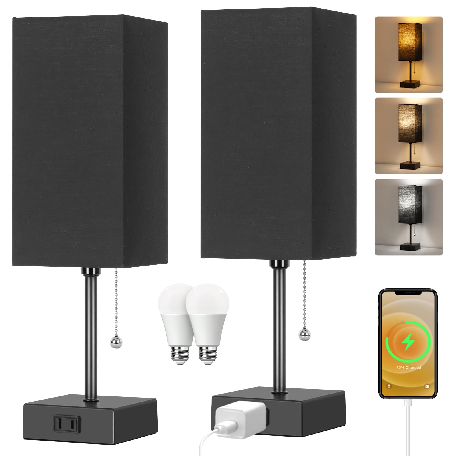 Table Lamp for Bedroom set of 2,3-Color Bedside Lamps with Pull Chain Table Lamps for Nightstand with AC Outlets, Night Light La