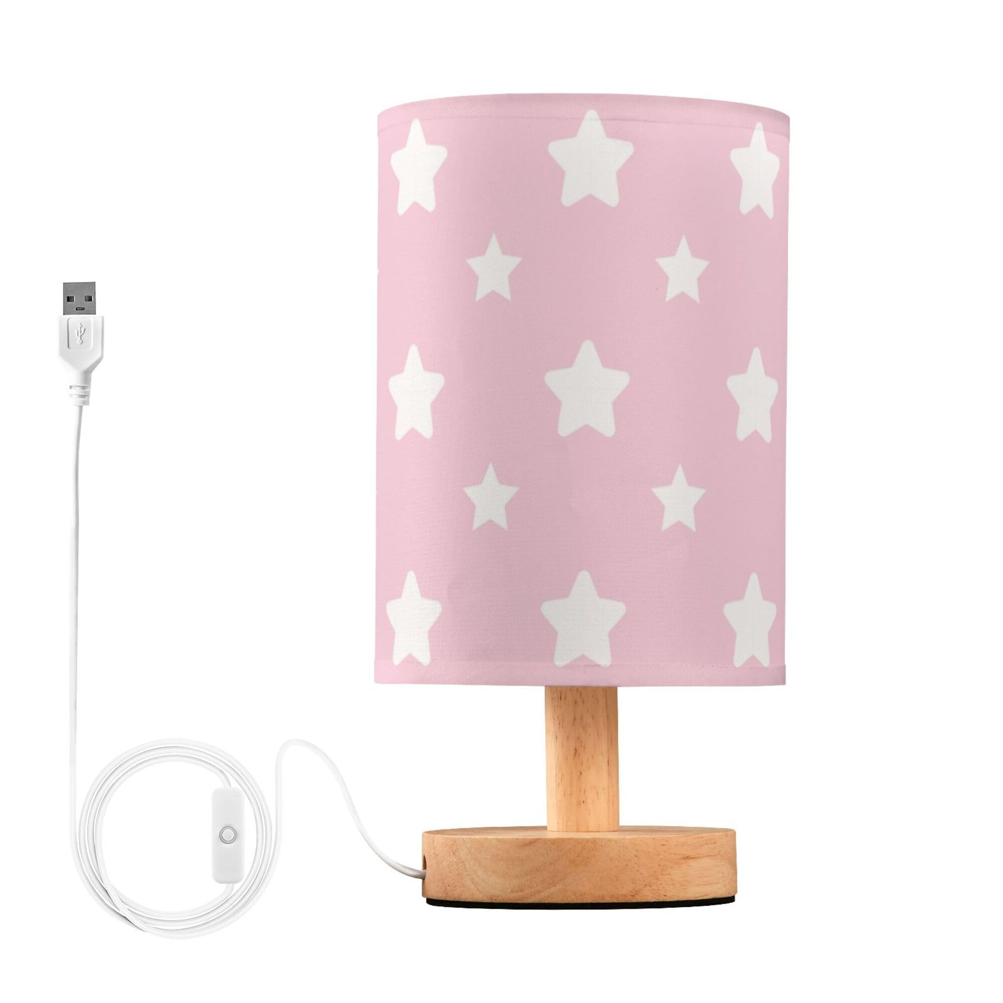 YYZZH Table Lamp Pastel Pink Pattern with Star Nightstand Lamp with Wood Base Fabric Lamp Shade Bedside Desk Lamp for Living Roo