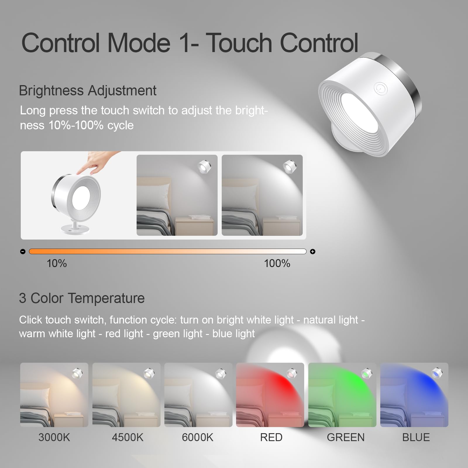 Speclux LED Wall Sconces Set of Two, Rechargeable, Wireless, 3 Color Temperatures, 13 RGB, Dimmable, 360° Rotation, White