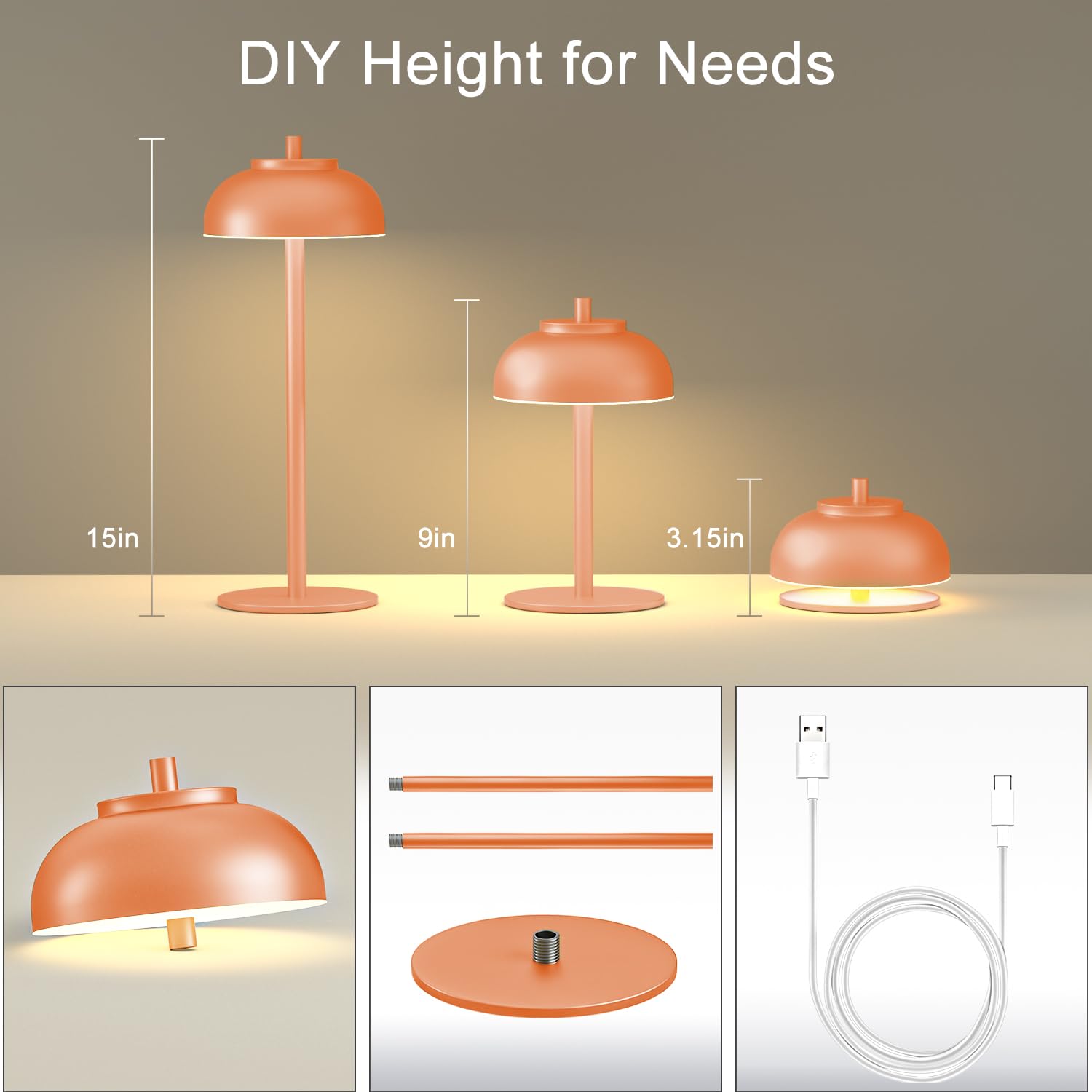 Moragin Orange Table Lamp Set of 2, Rechargeable, IP65 Waterproof, Touch Control & Dimmable, Metal, Model: Moragin-pingdi