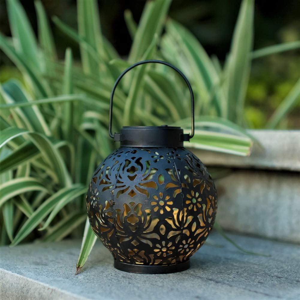 EXCMARK Solar Hanging Lantern Lights, Black, Metal, Floral Model, 9.1x5.5 inch, Decorative Christmas Light for Garden, Patio, Lawn